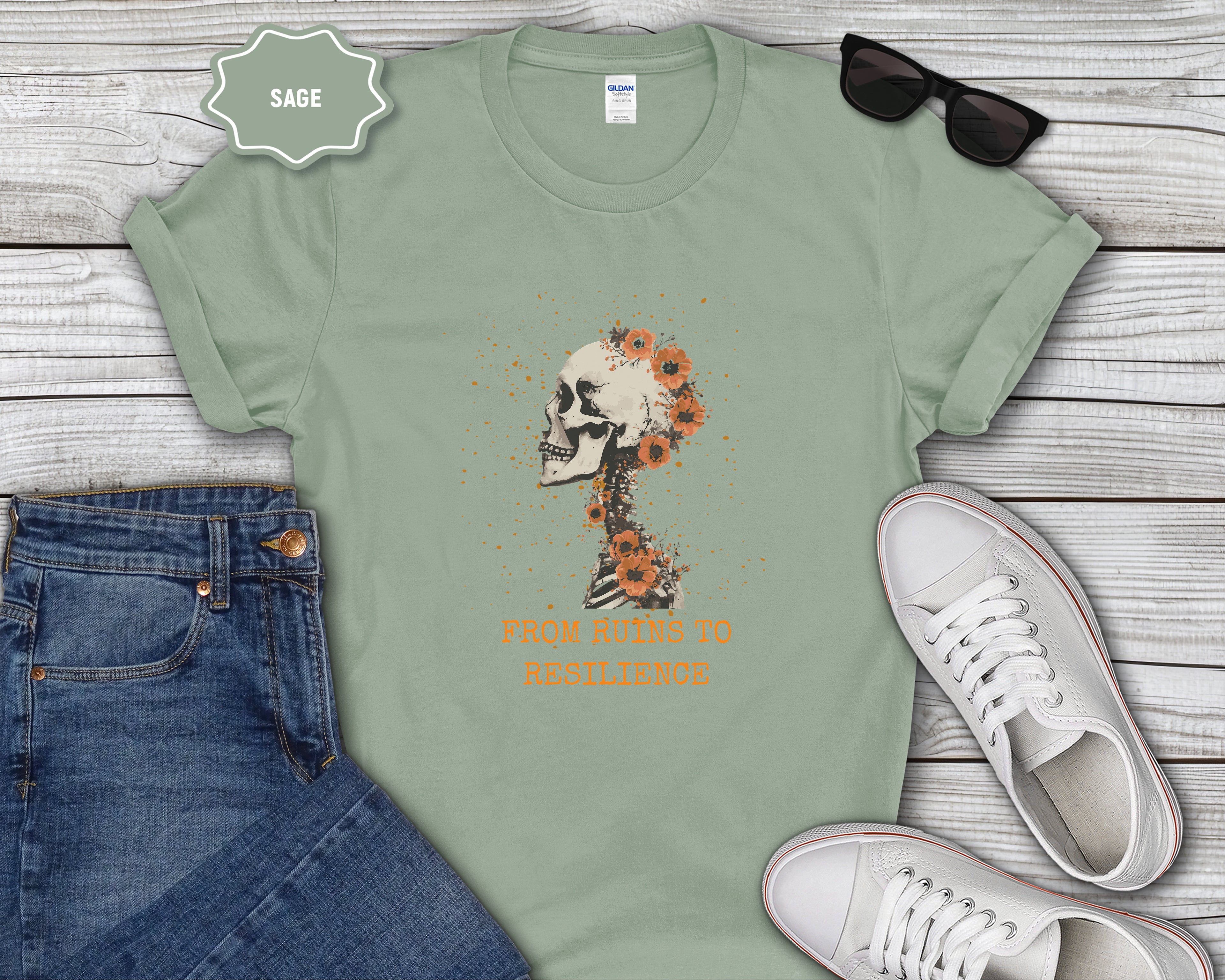From Ruins to Resilience Skull with Orange Flowers T-Shirt