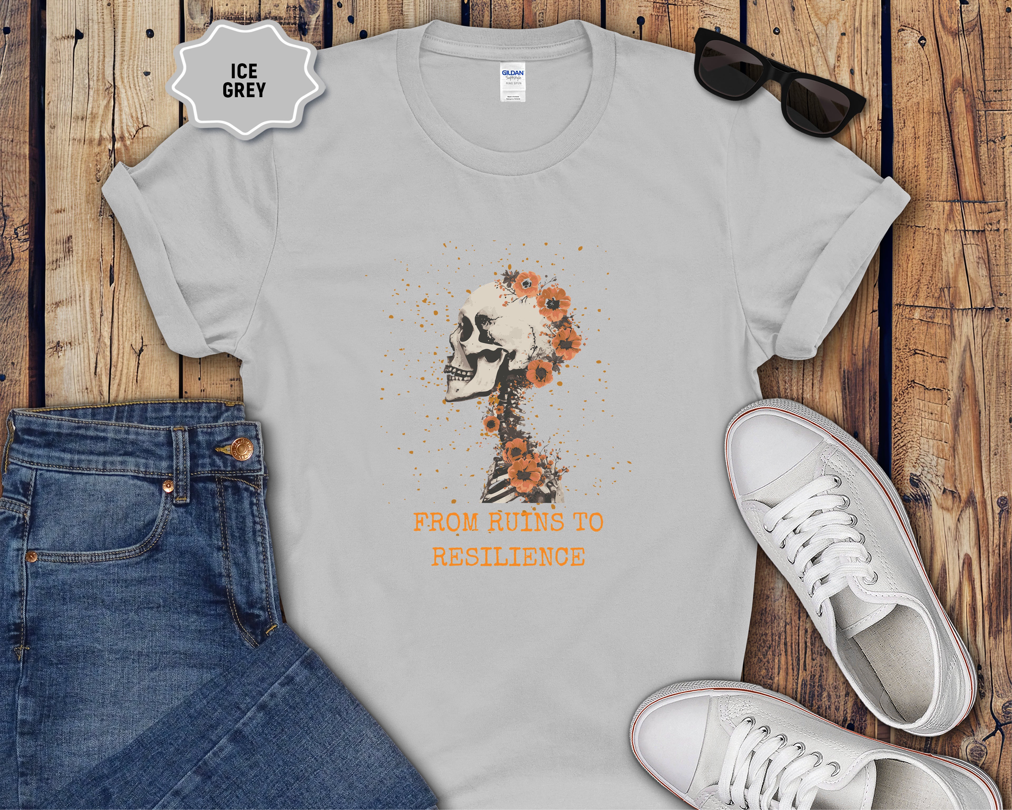 From Ruins to Resilience Skull with Orange Flowers T-Shirt
