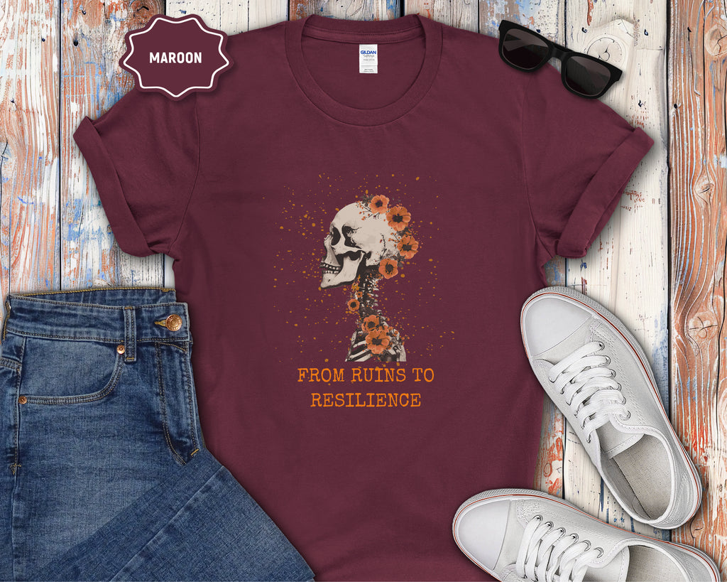 From Ruins to Resilience Skull with Orange Flowers T-Shirt