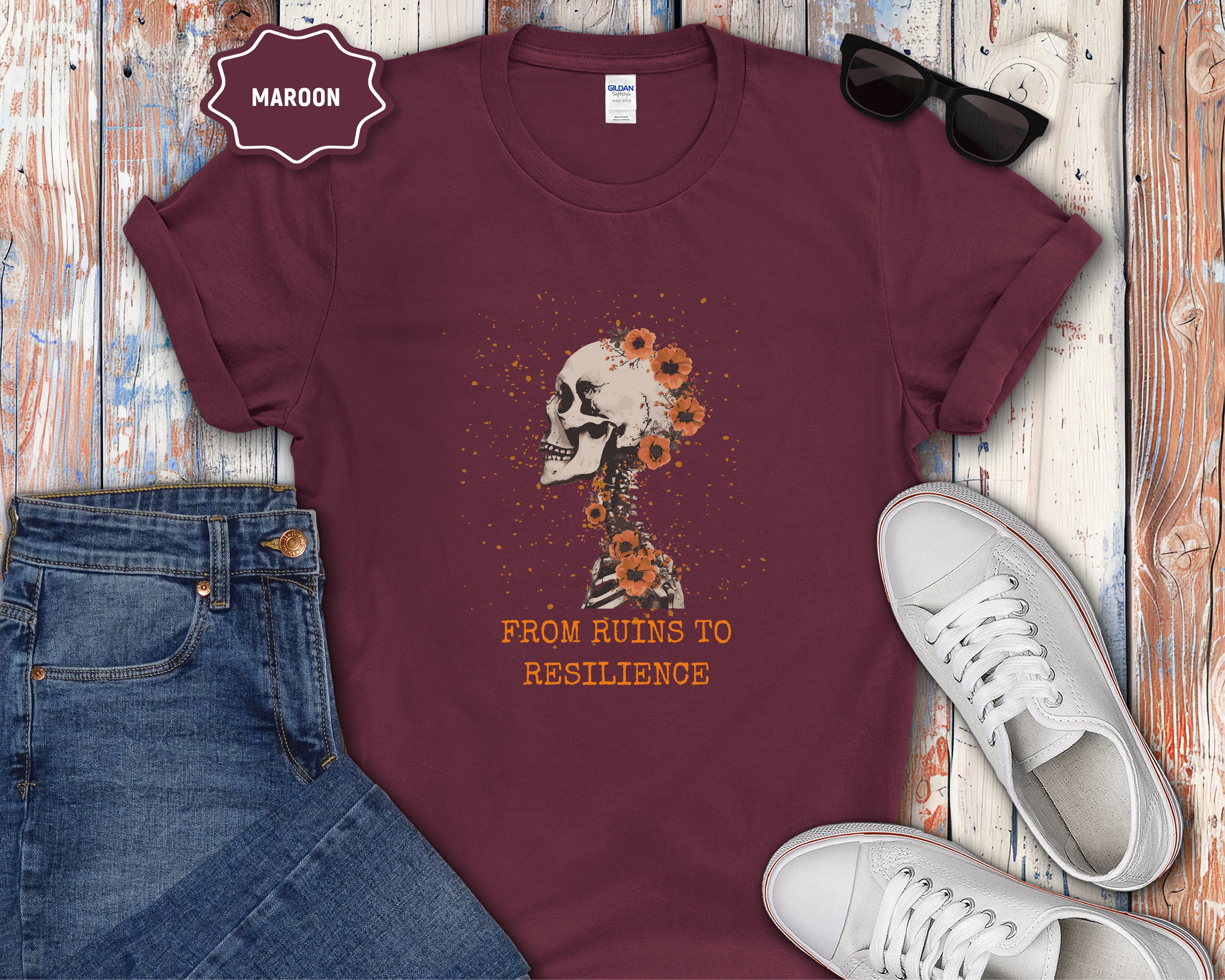 From Ruins to Resilience Skull with Orange Flowers T-Shirt