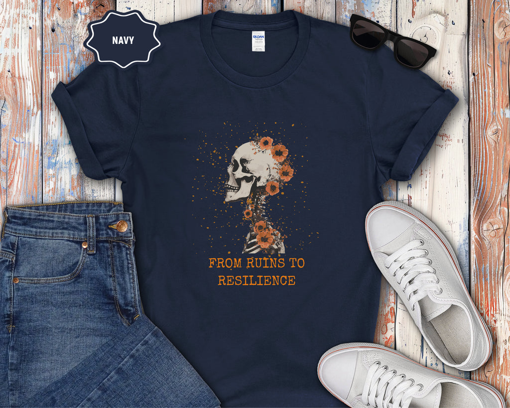 From Ruins to Resilience Skull with Orange Flowers T-Shirt
