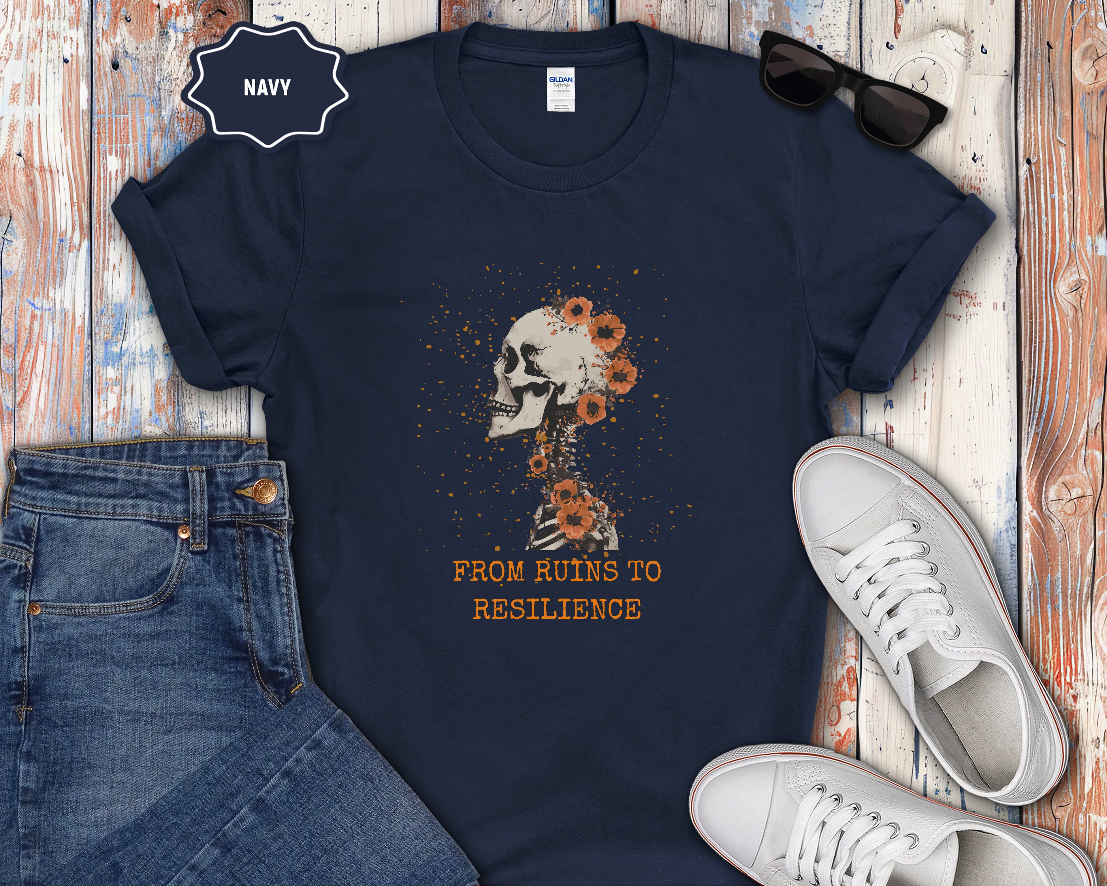 From Ruins to Resilience Skull with Orange Flowers T-Shirt
