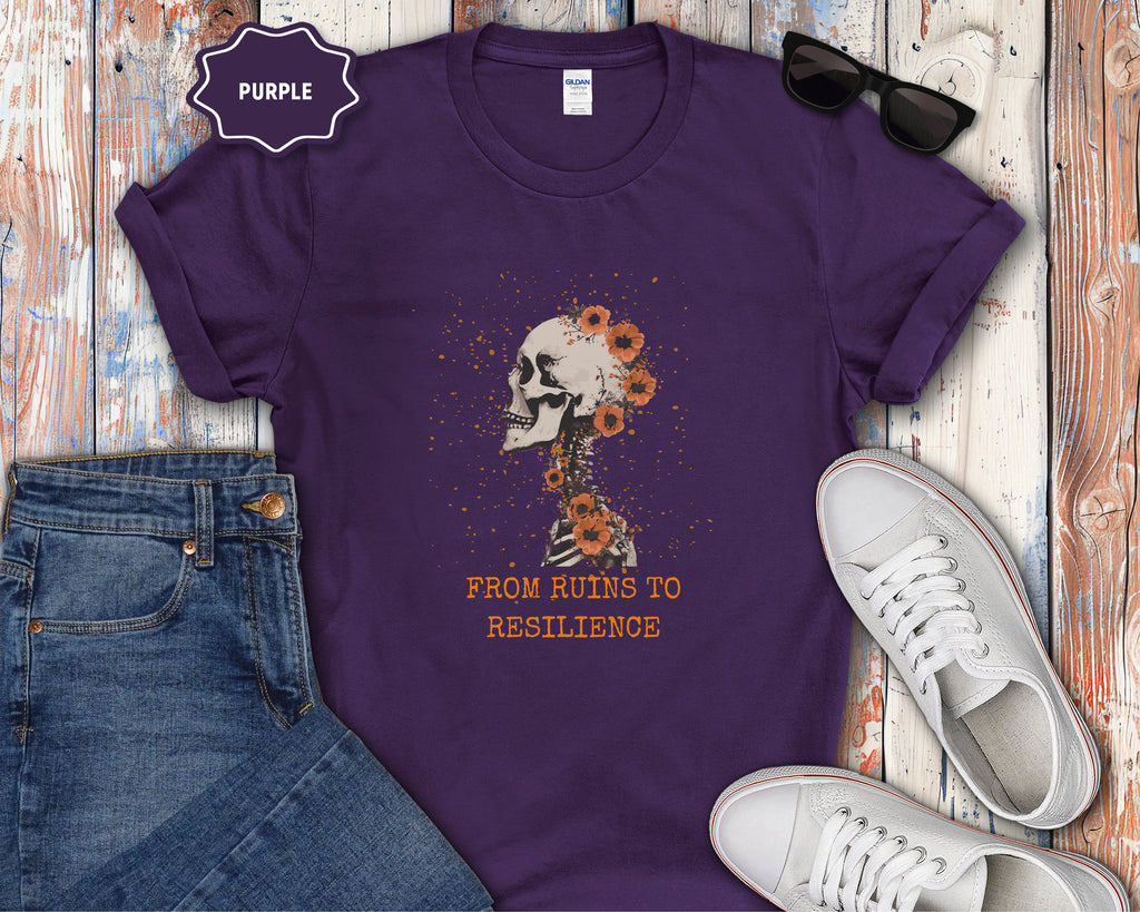 From Ruins to Resilience Skull with Orange Flowers T-Shirt