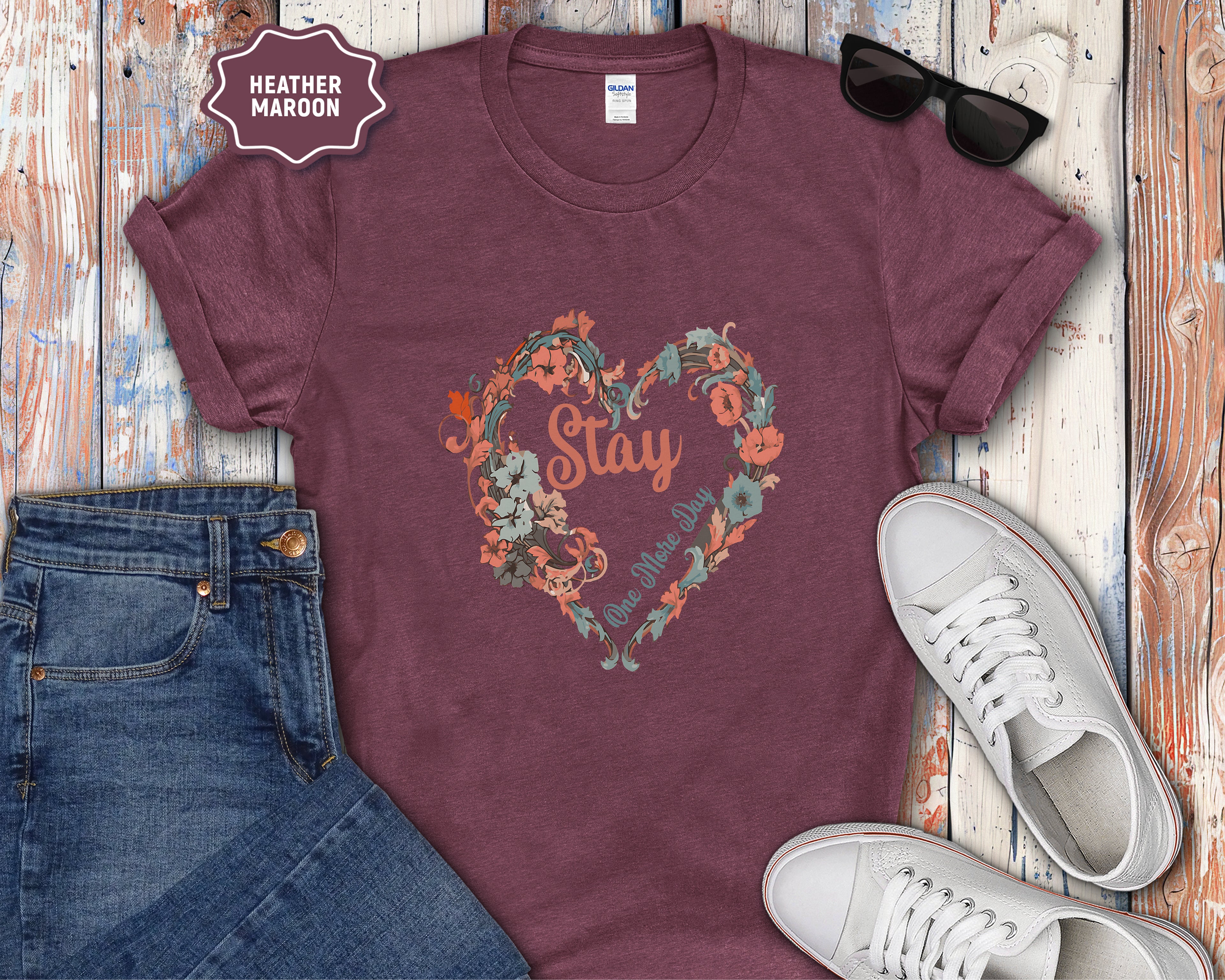 Stay One More Day Floral Heart T-Shirt