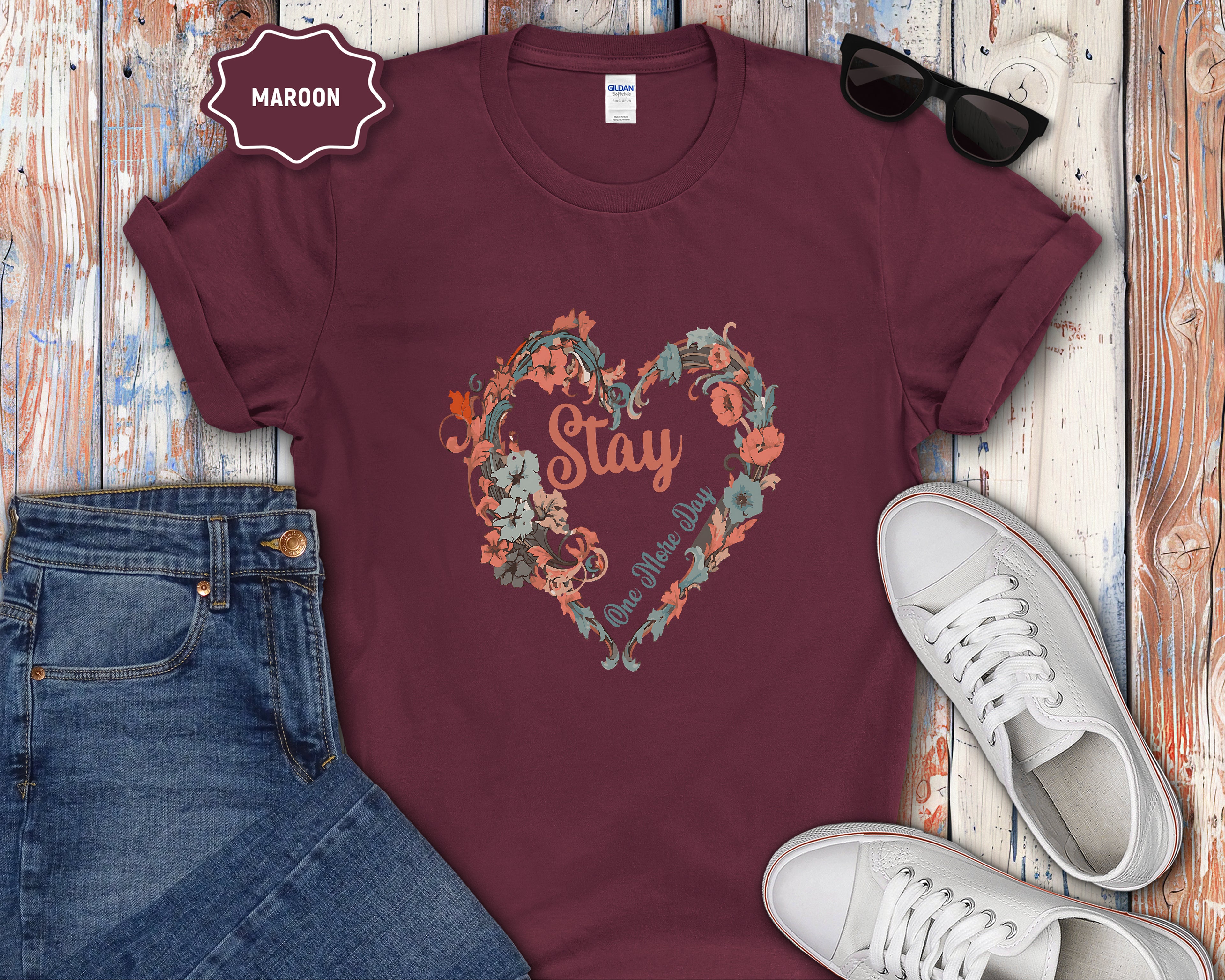 Stay One More Day Floral Heart T-Shirt