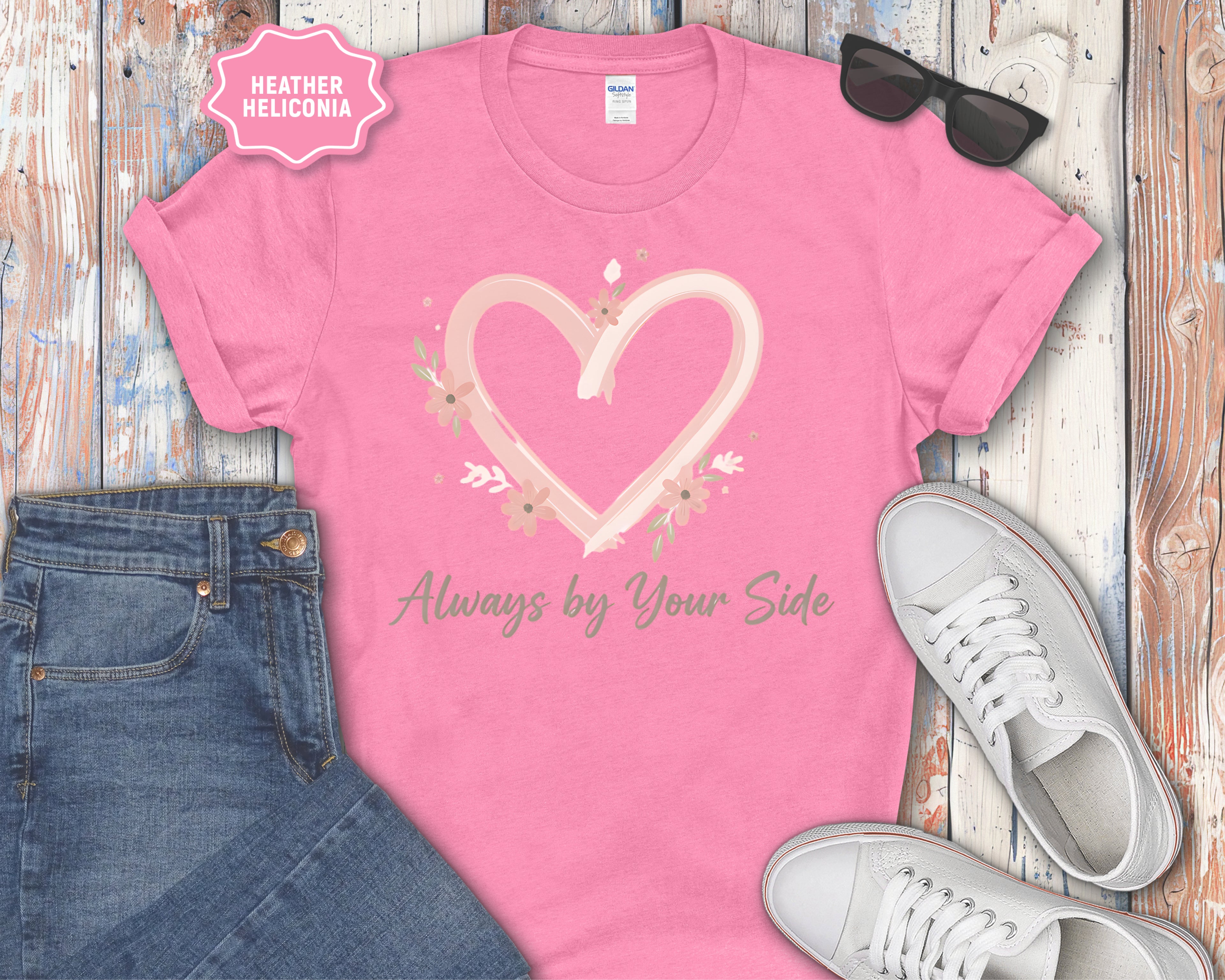 "Always By Your Side" Pink Heart Floral Memorial Tee