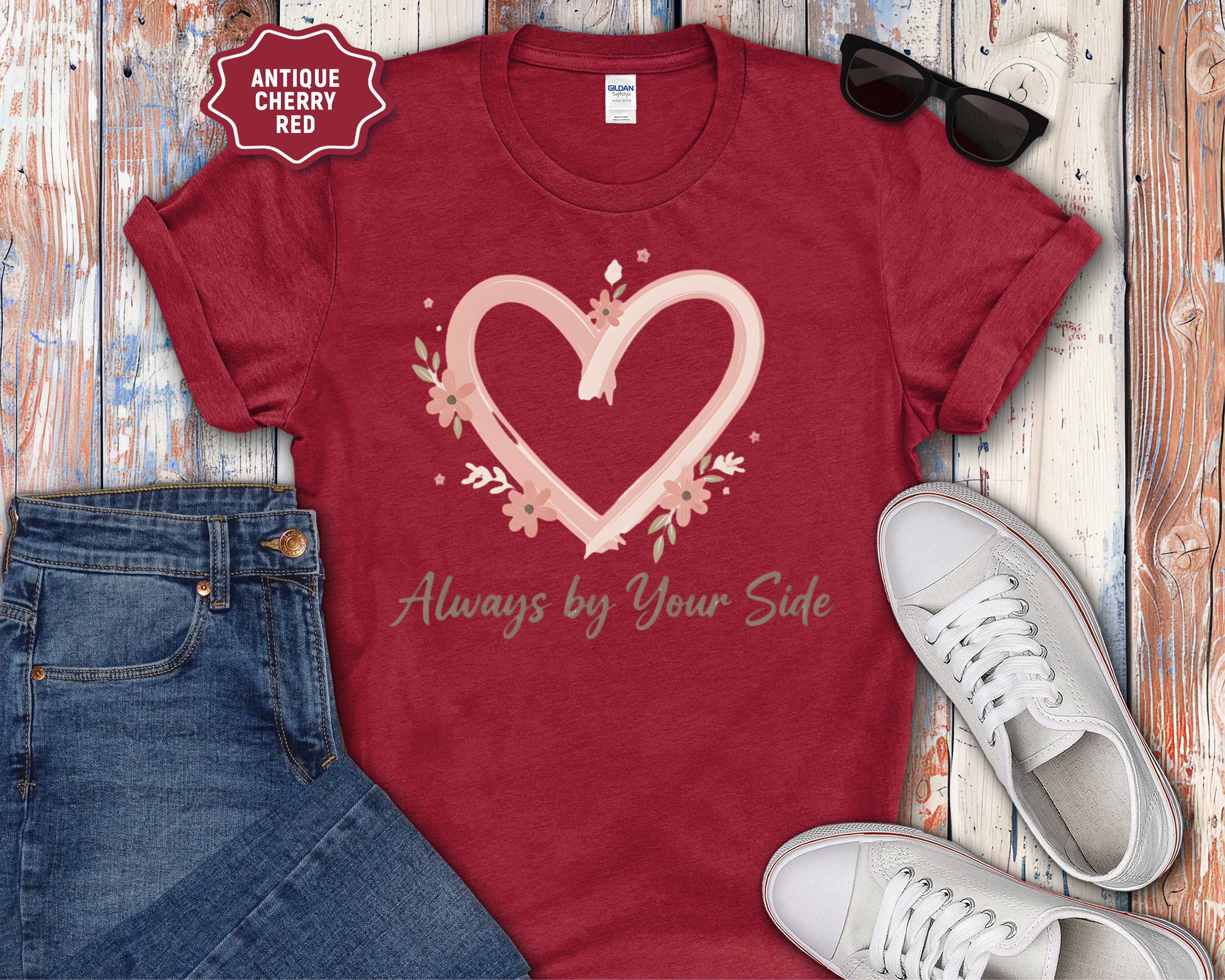 "Always By Your Side" Pink Heart Floral Memorial Tee