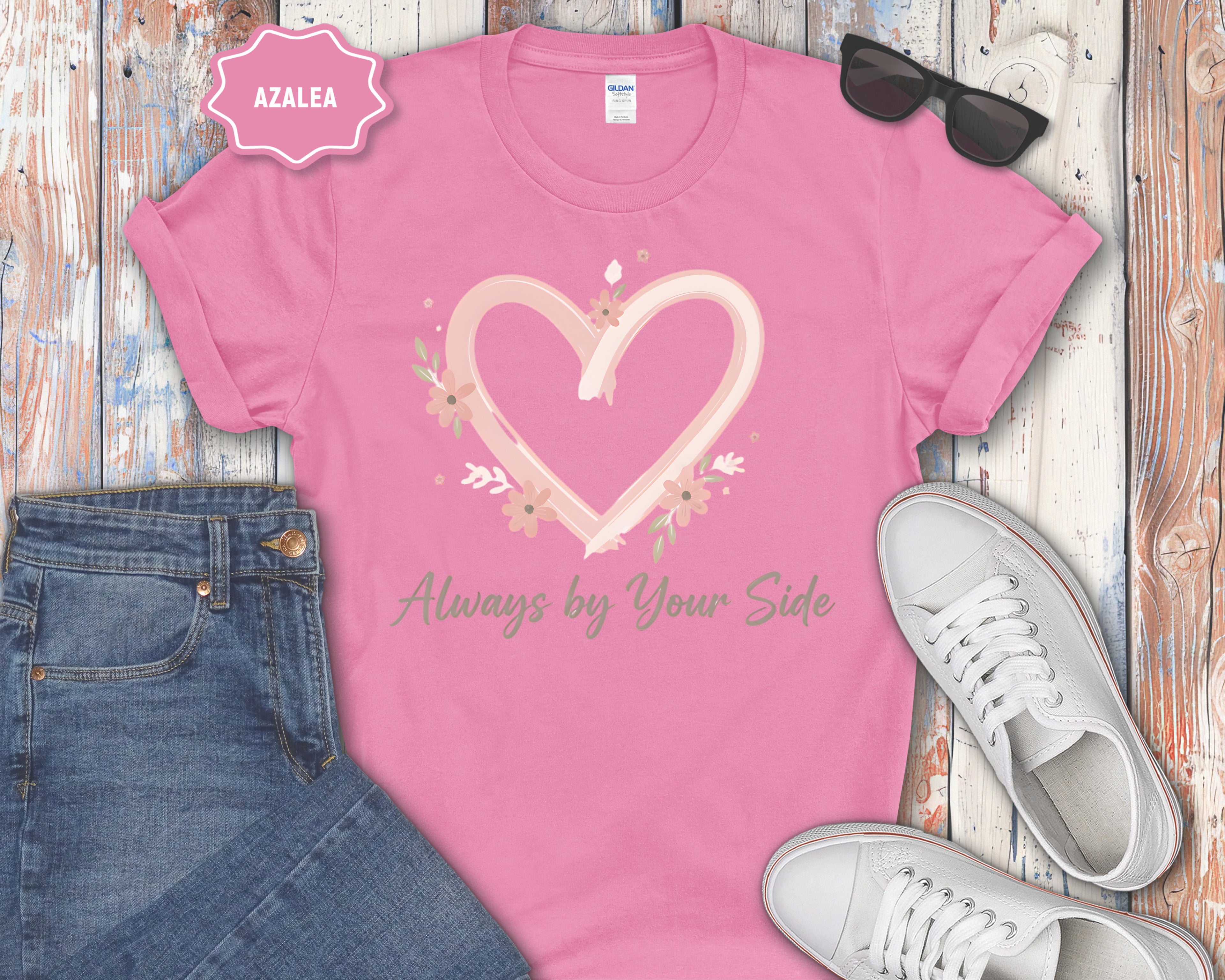 "Always By Your Side" Pink Heart Floral Memorial Tee