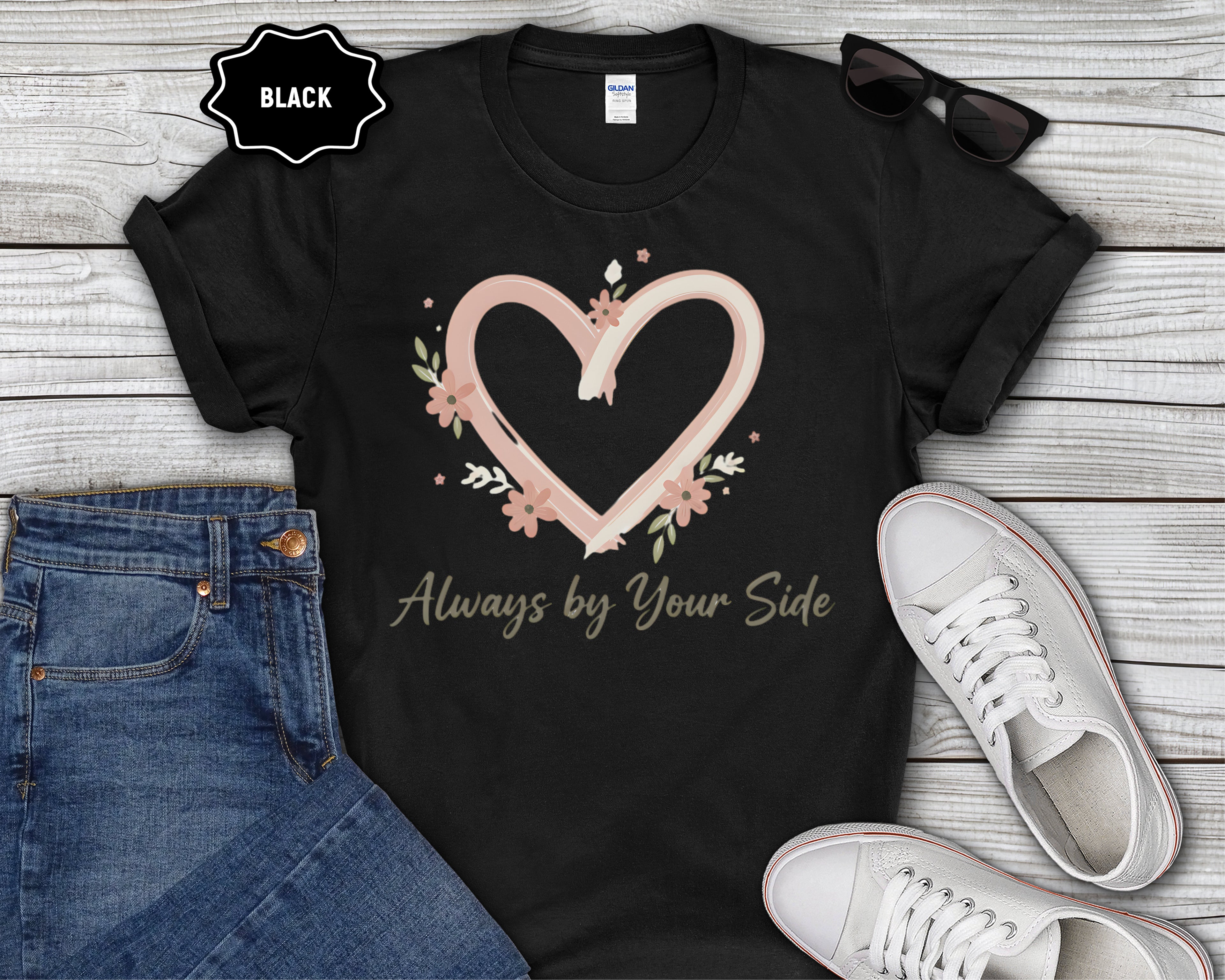 "Always By Your Side" Pink Heart Floral Memorial Tee