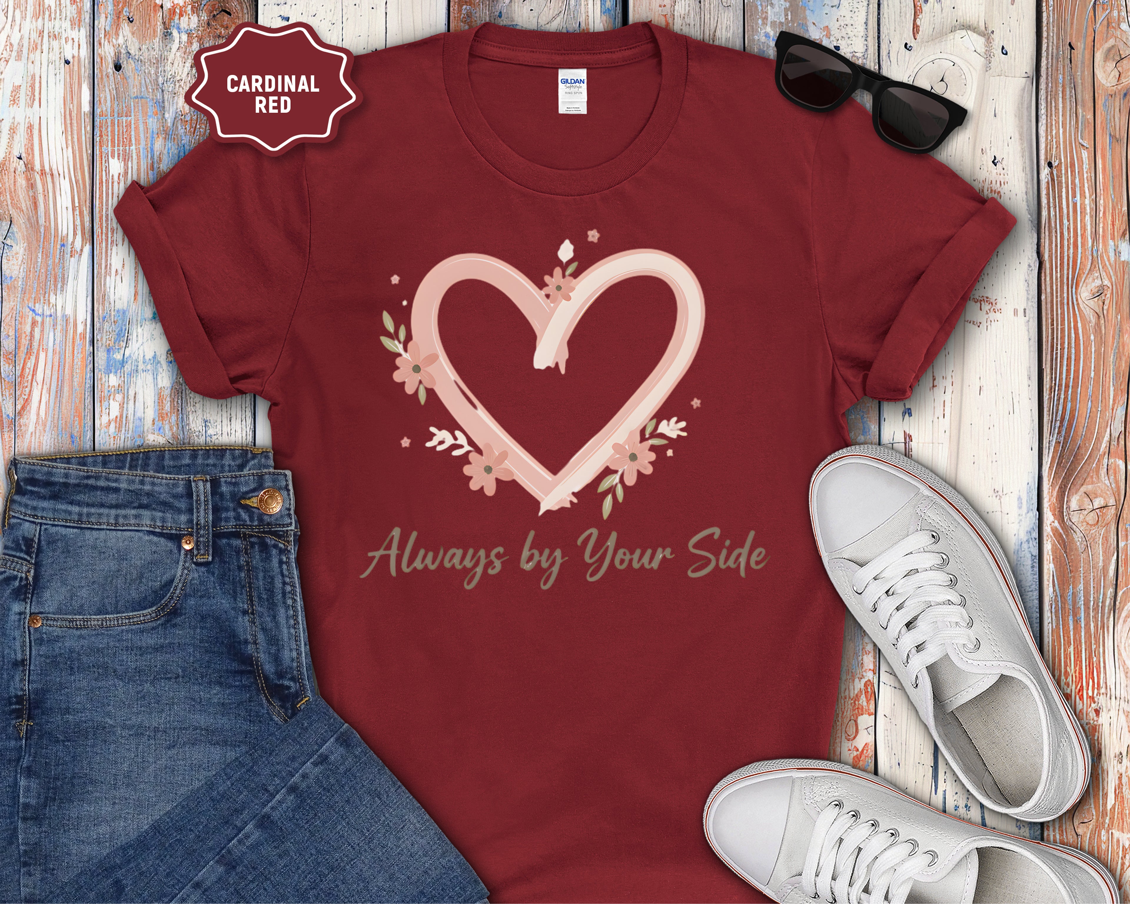 "Always By Your Side" Pink Heart Floral Memorial Tee