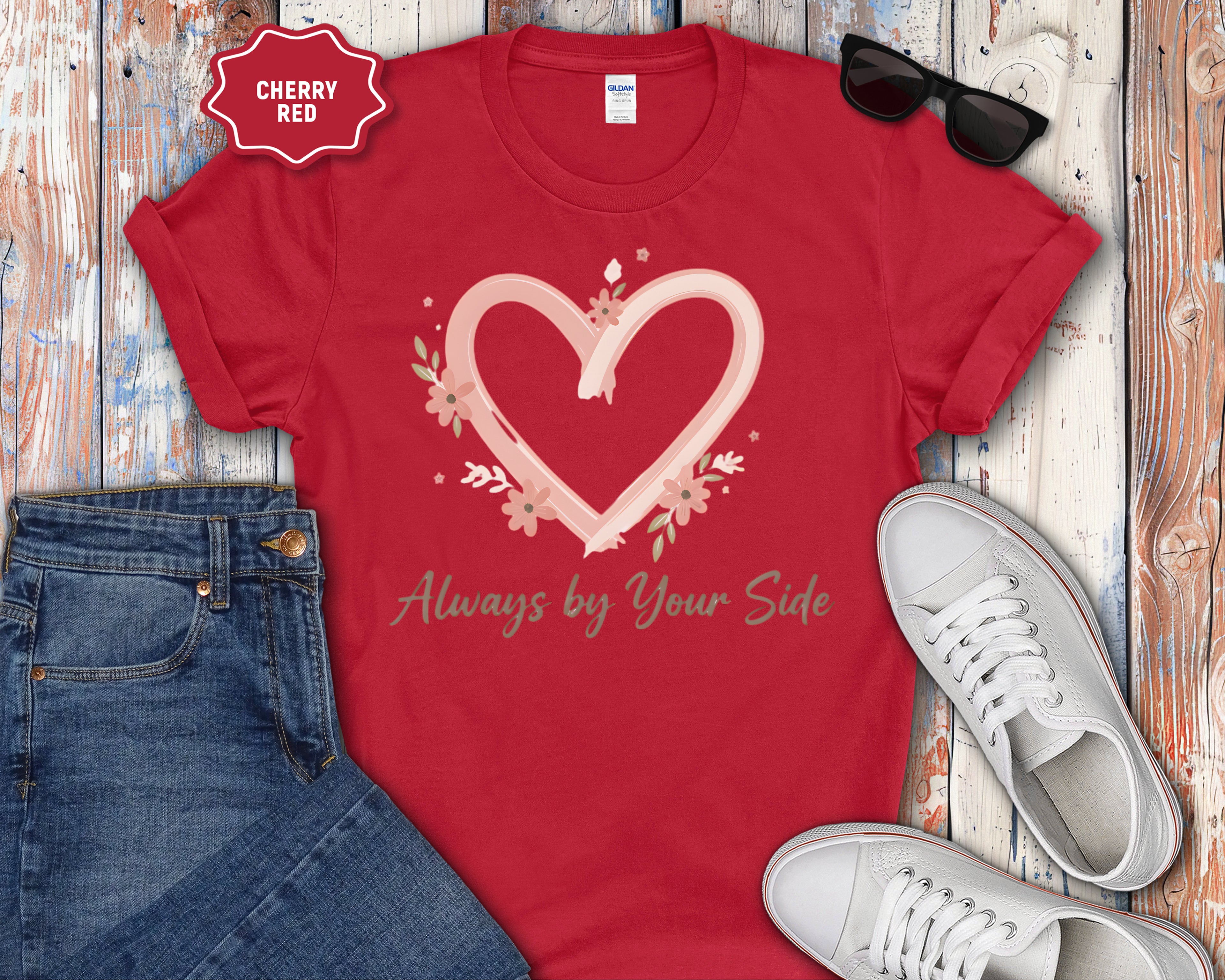 "Always By Your Side" Pink Heart Floral Memorial Tee