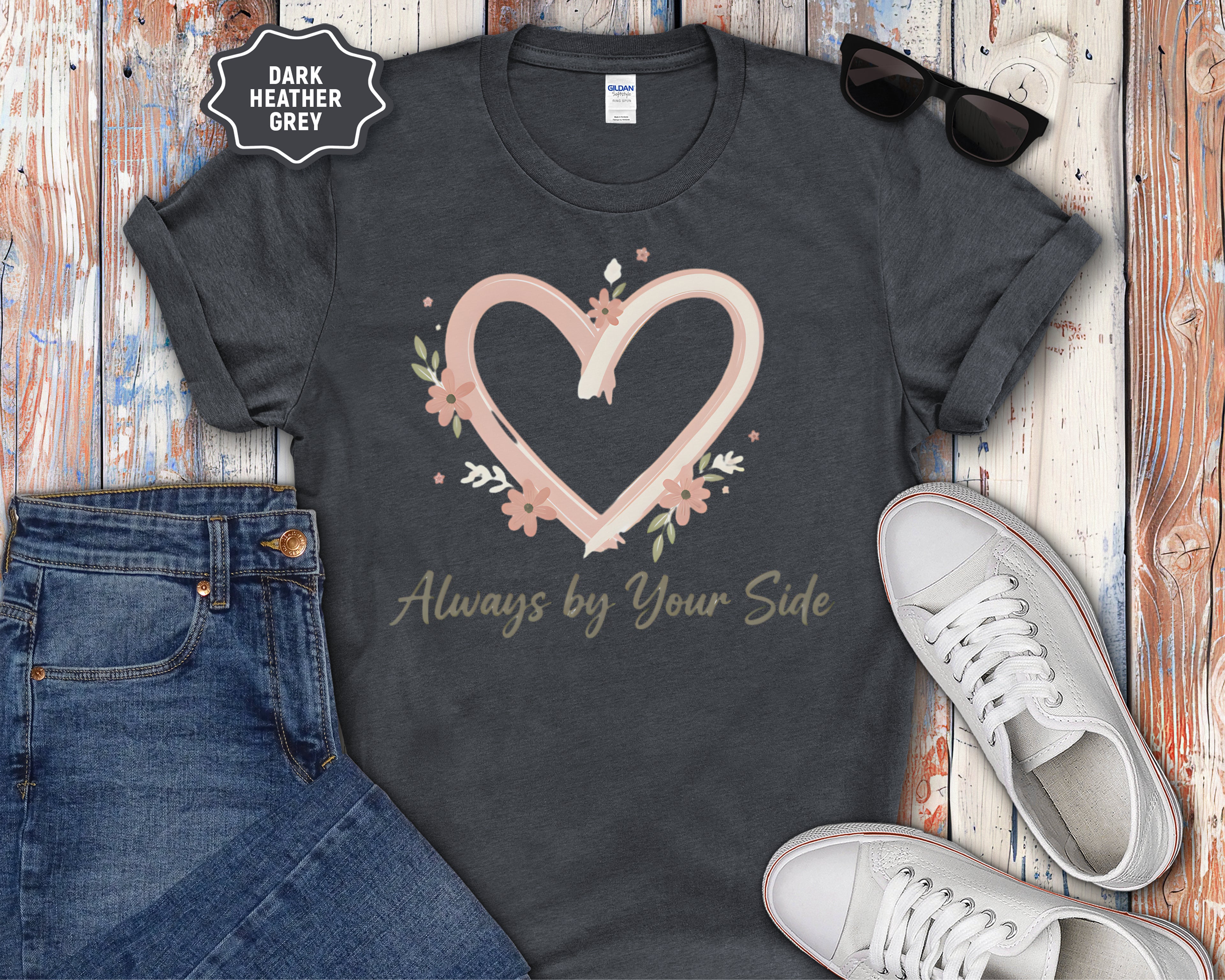 "Always By Your Side" Pink Heart Floral Memorial Tee
