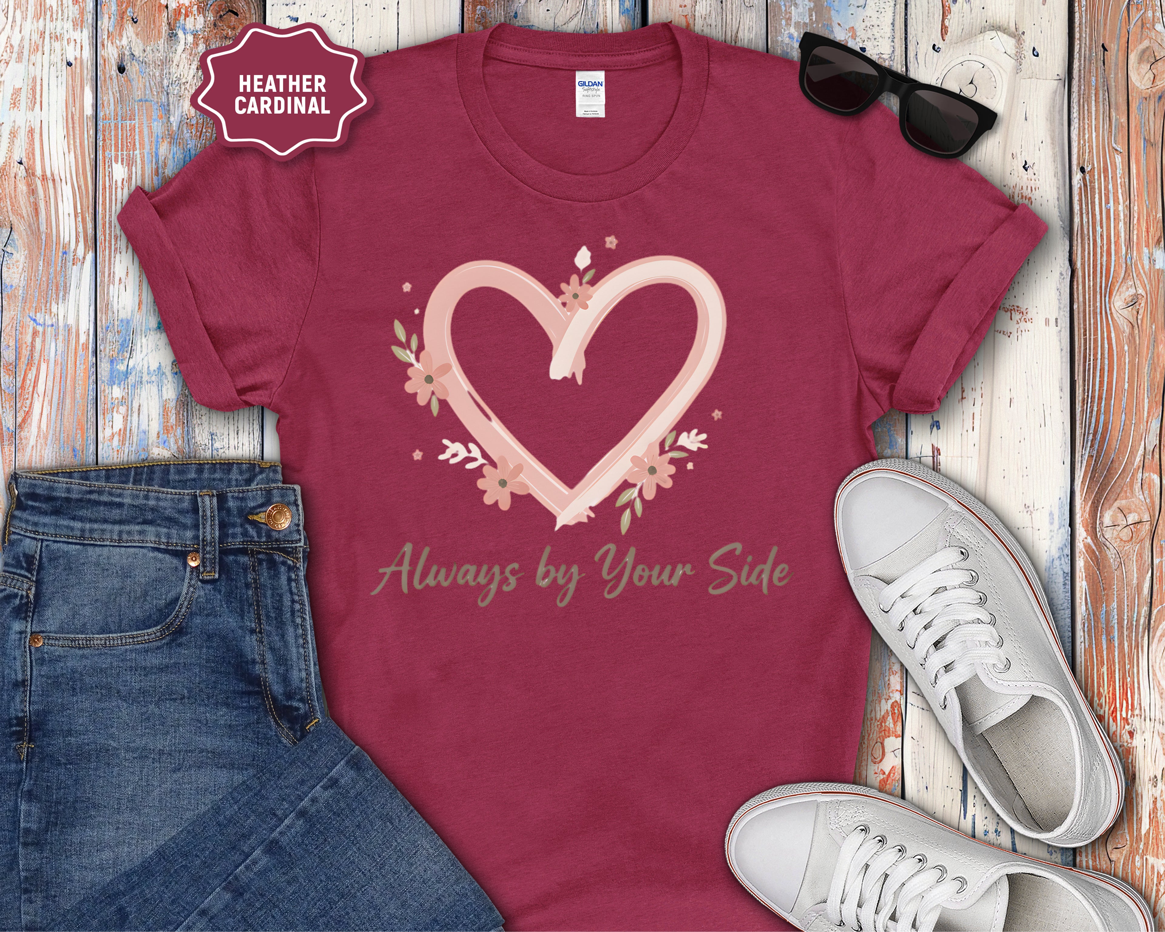 "Always By Your Side" Pink Heart Floral Memorial Tee