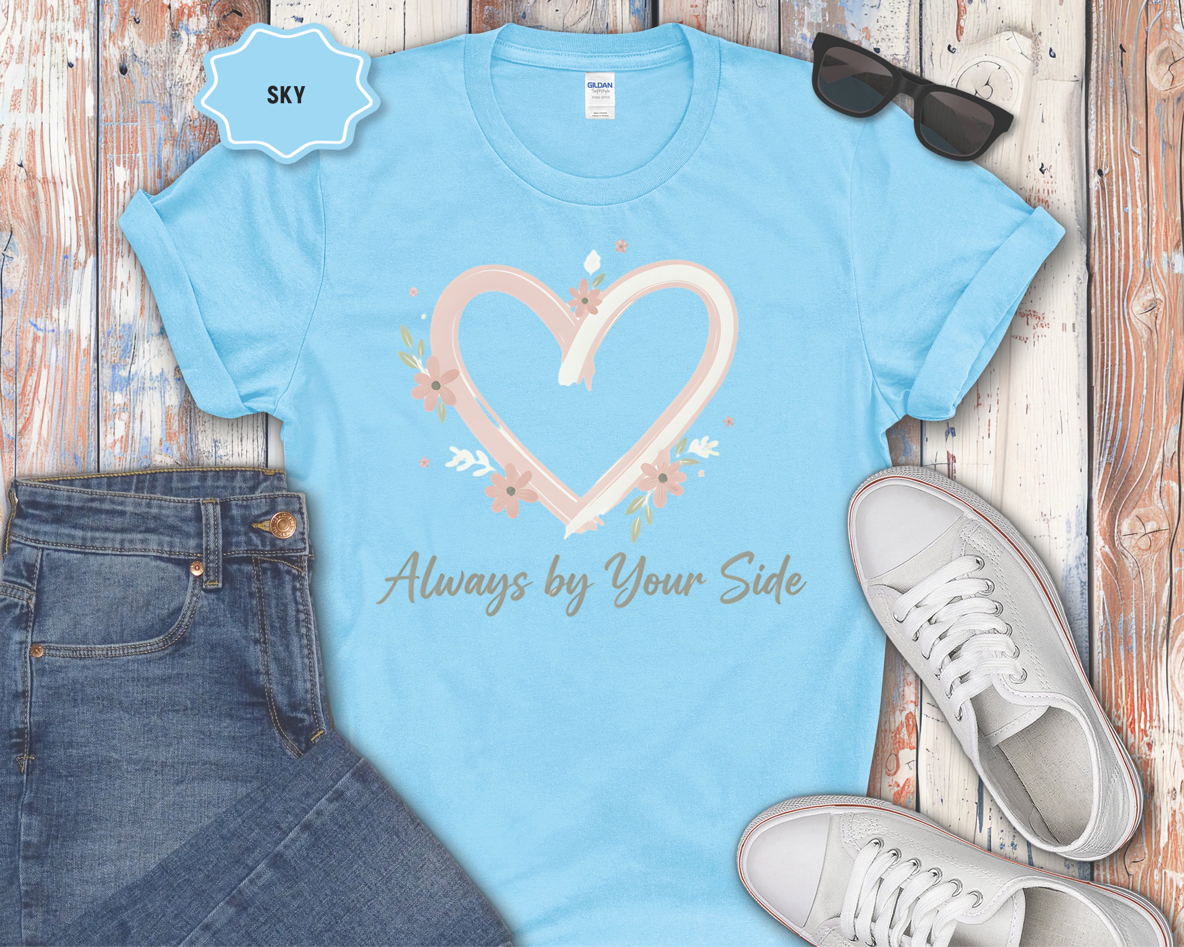 "Always By Your Side" Pink Heart Floral Memorial Tee