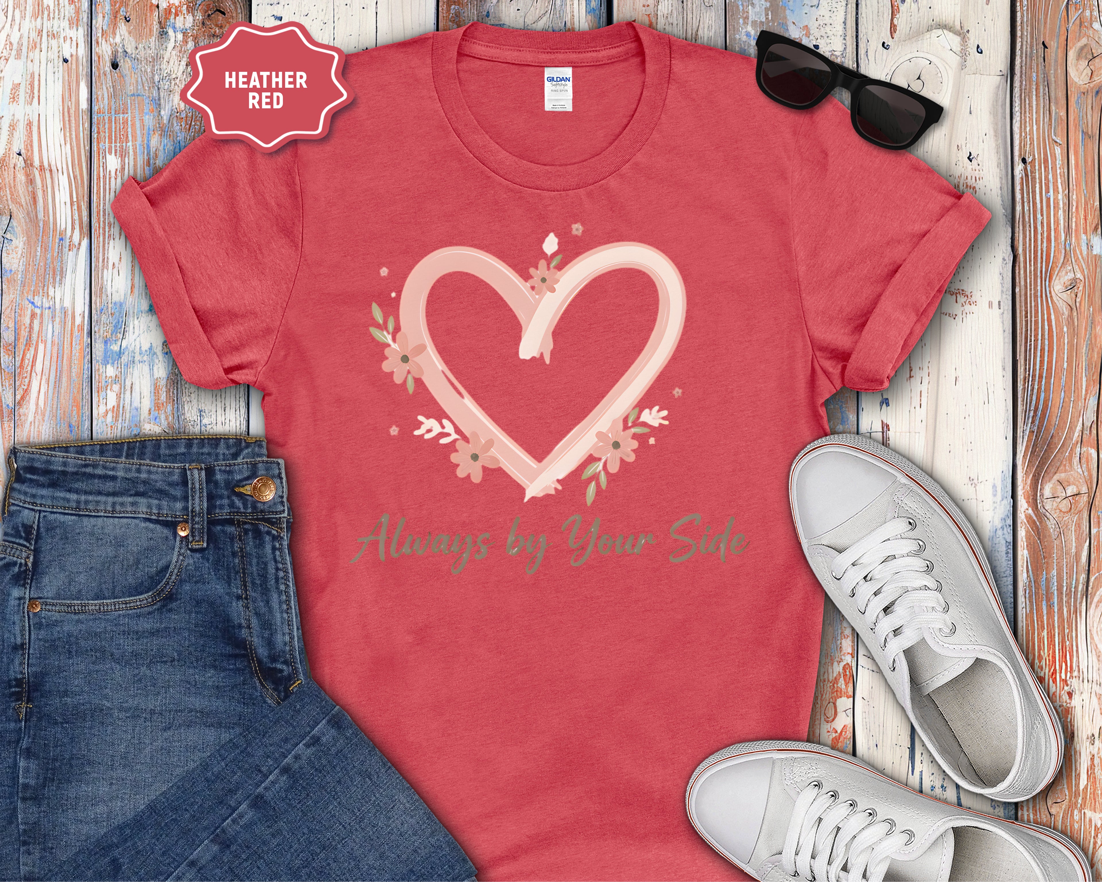 "Always By Your Side" Pink Heart Floral Memorial Tee
