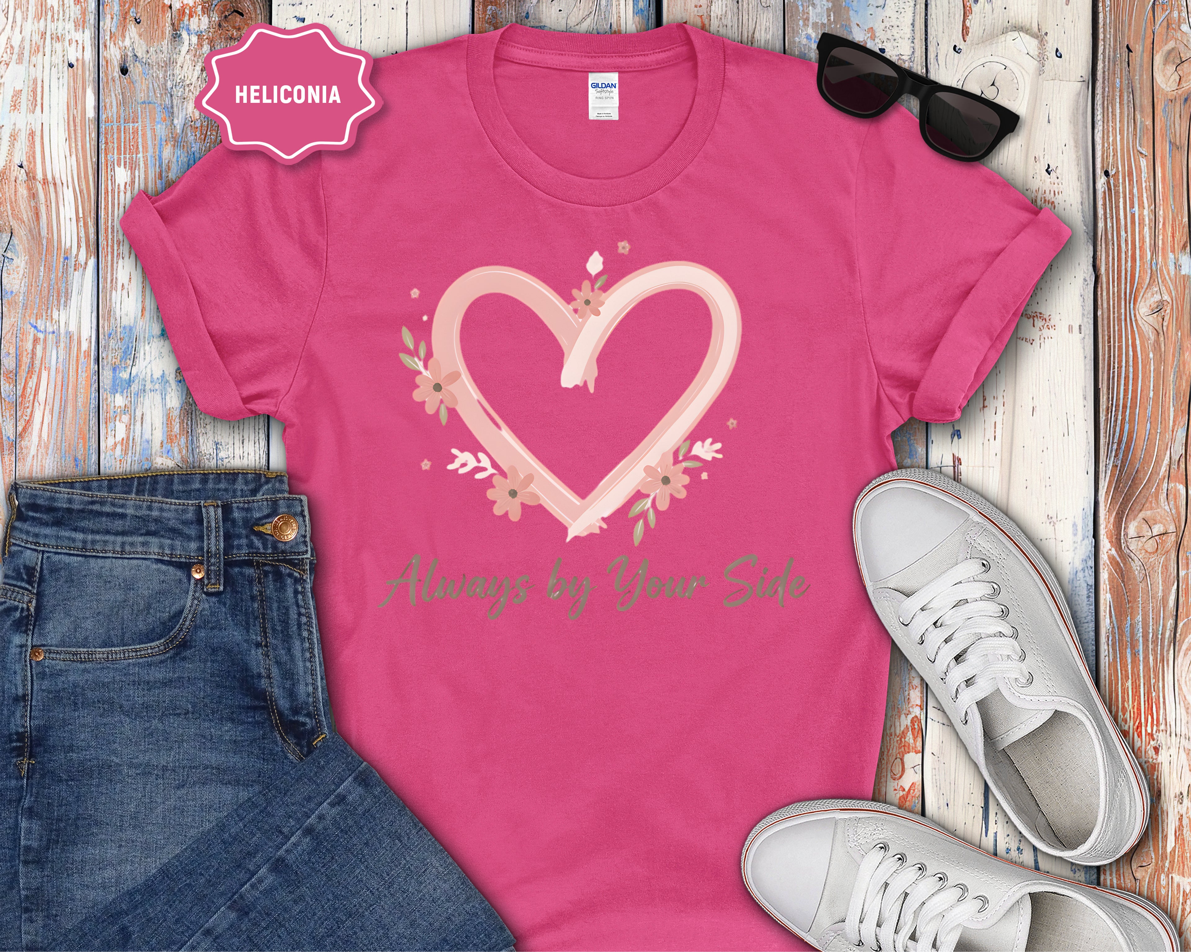 "Always By Your Side" Pink Heart Floral Memorial Tee
