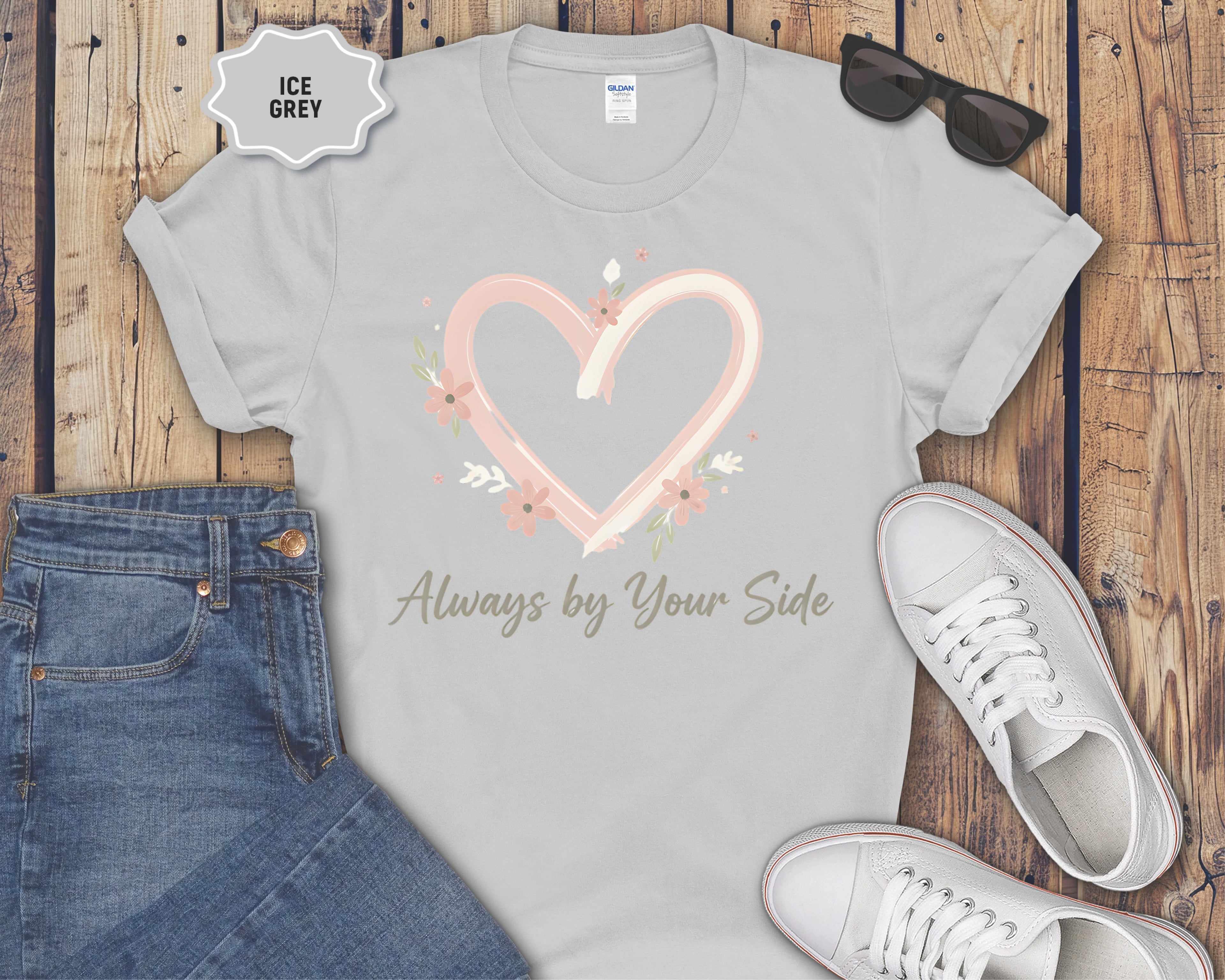 "Always By Your Side" Pink Heart Floral Memorial Tee