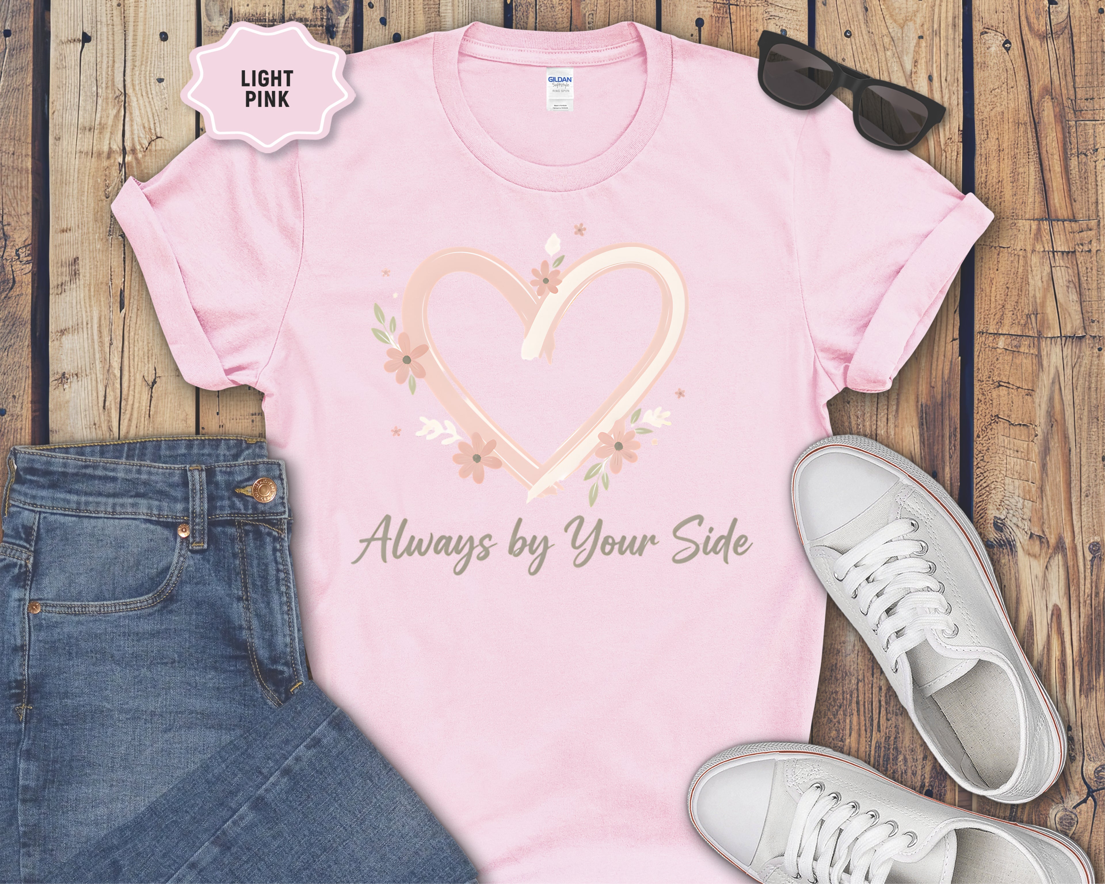 "Always By Your Side" Pink Heart Floral Memorial Tee
