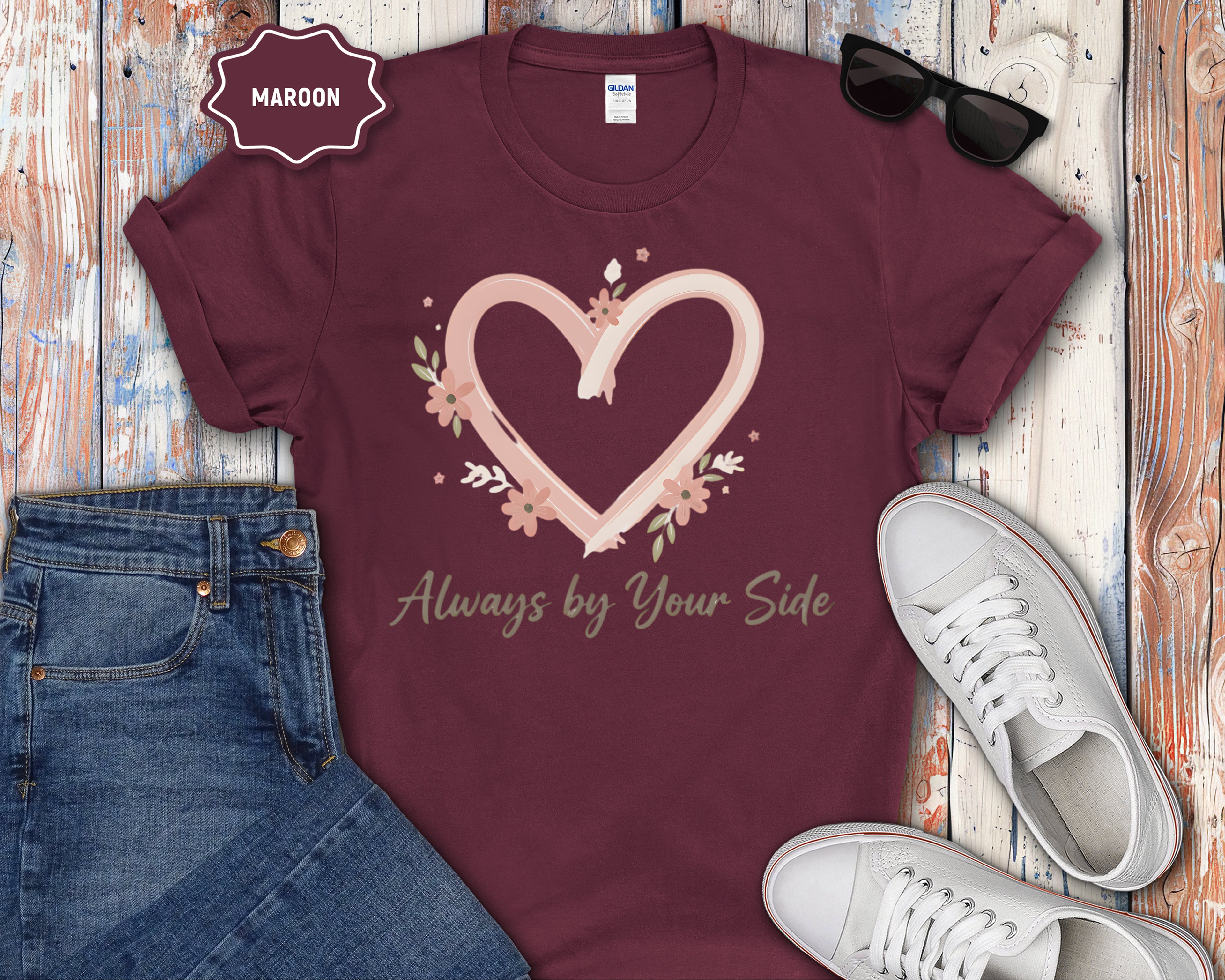"Always By Your Side" Pink Heart Floral Memorial Tee
