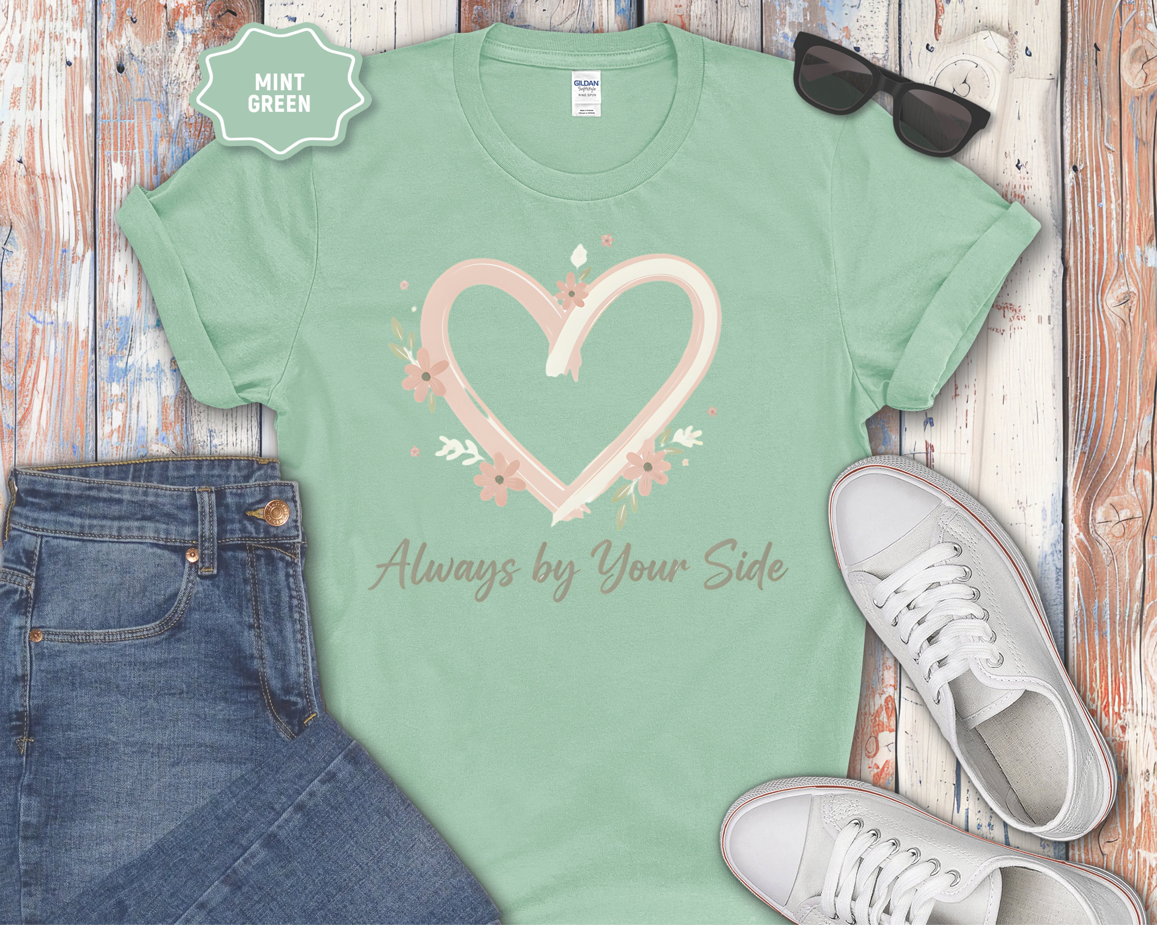 "Always By Your Side" Pink Heart Floral Memorial Tee