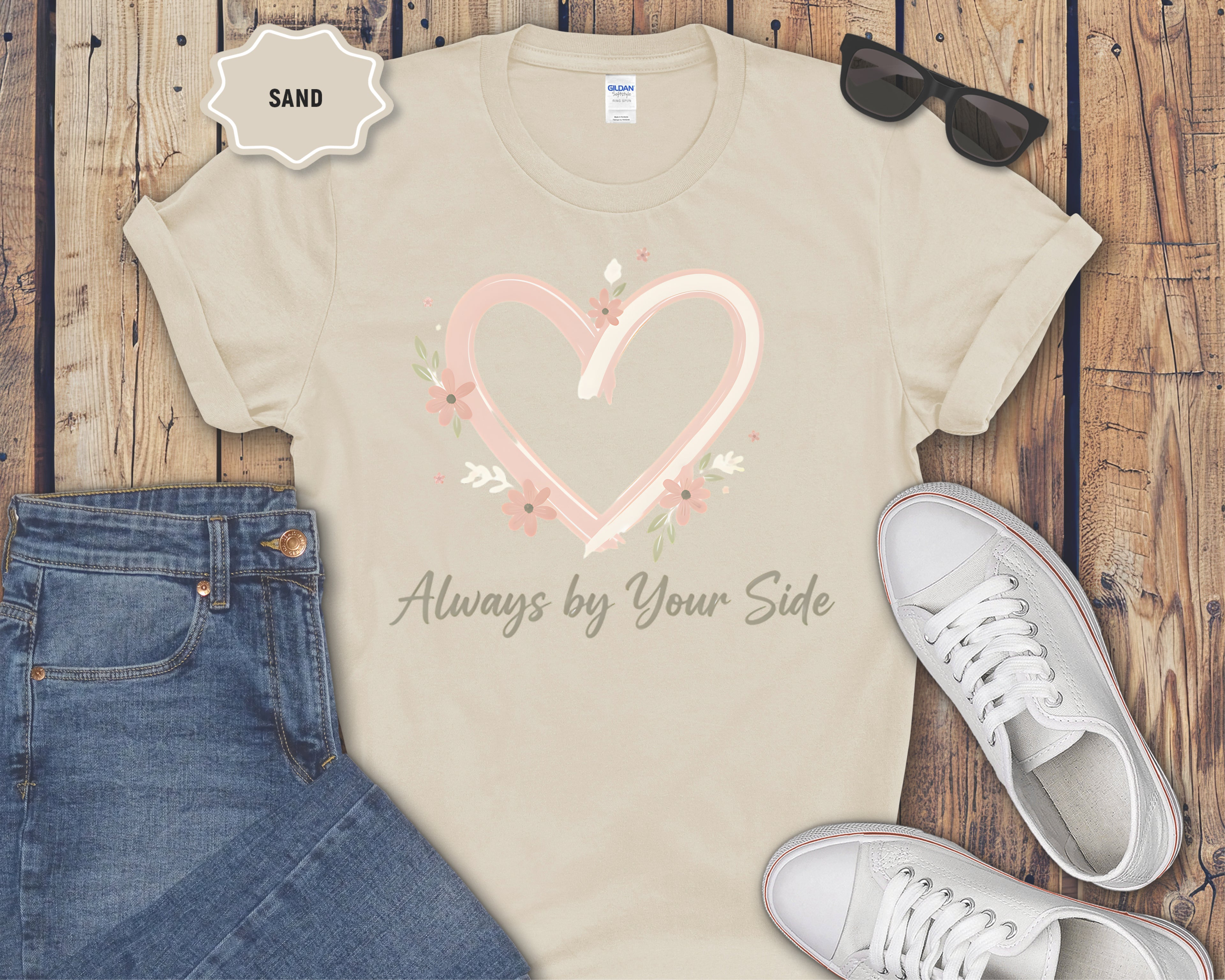 "Always By Your Side" Pink Heart Floral Memorial Tee
