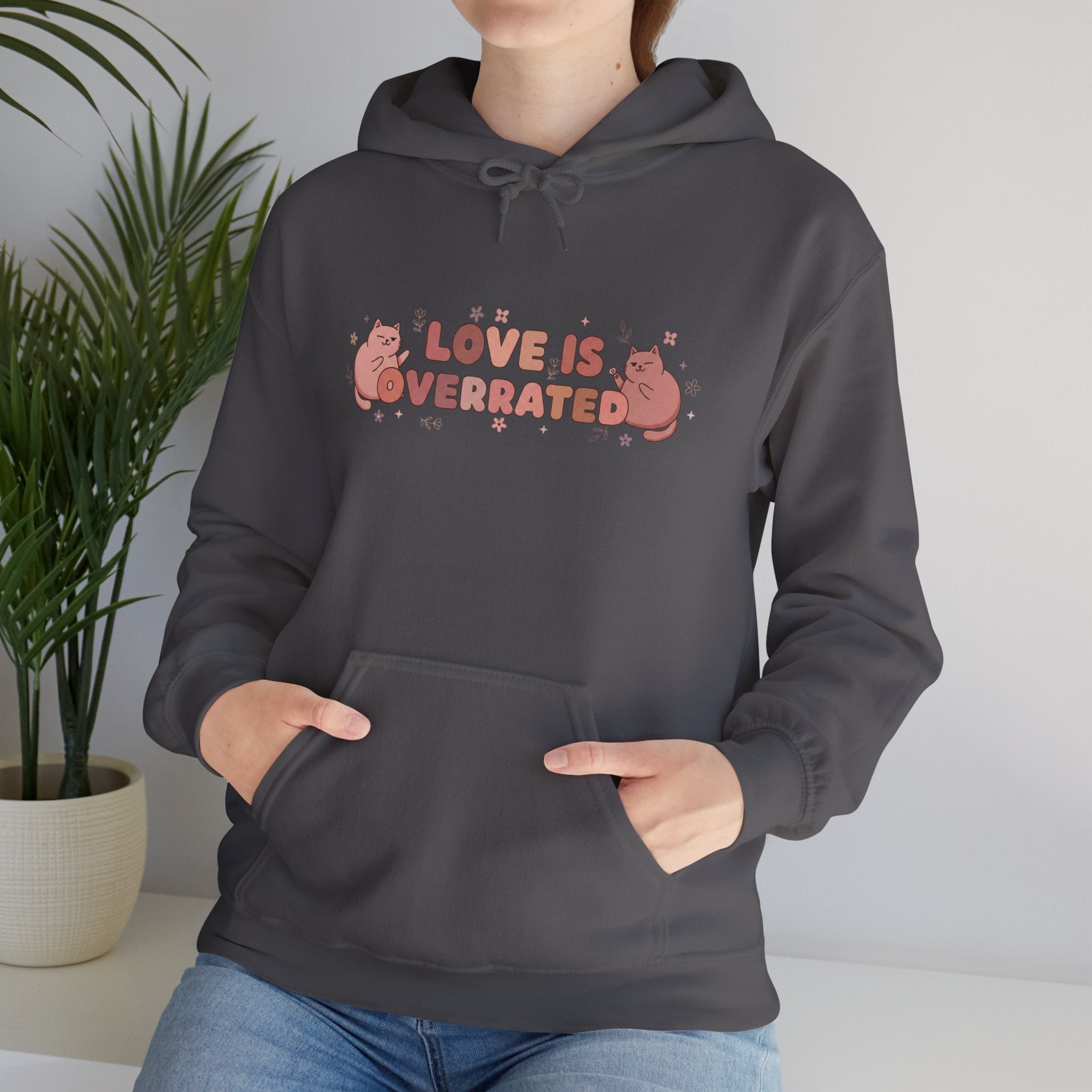'Love Is Overrated' Cute Grumpy Cat Graphic Hoodie