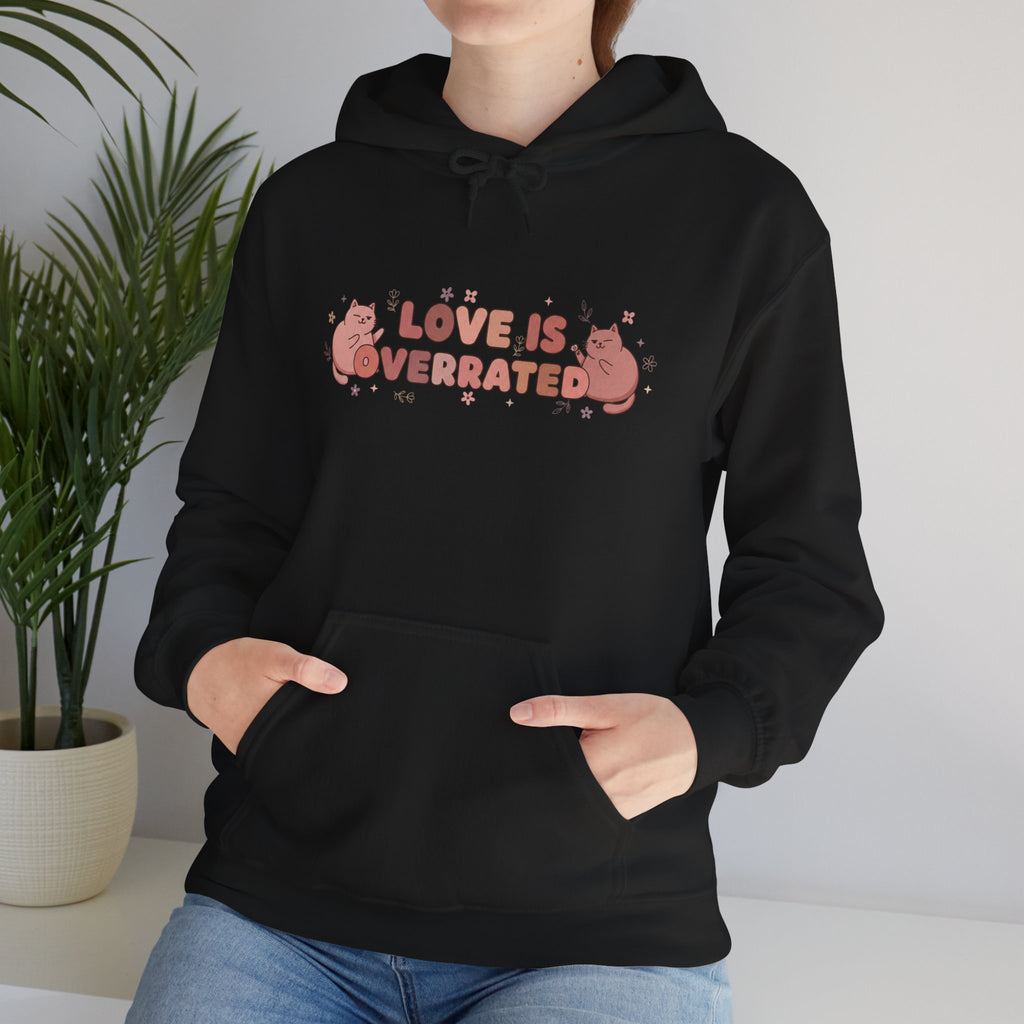 'Love Is Overrated' Cute Grumpy Cat Graphic Hoodie