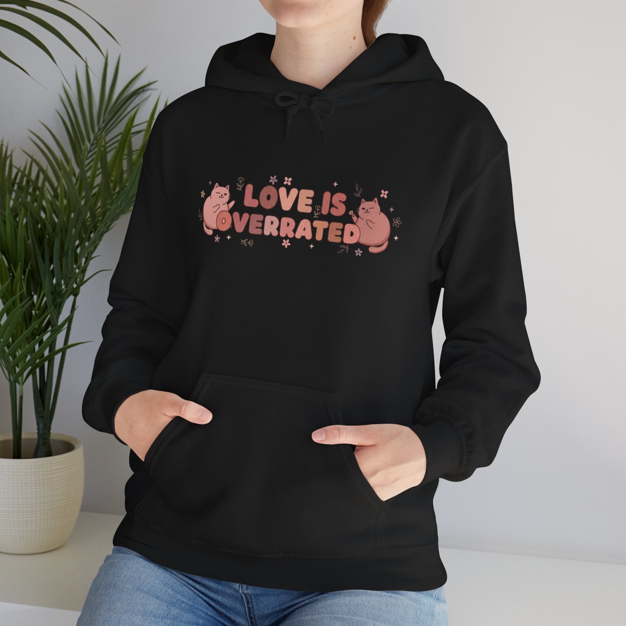 'Love Is Overrated' Cute Grumpy Cat Graphic Hoodie