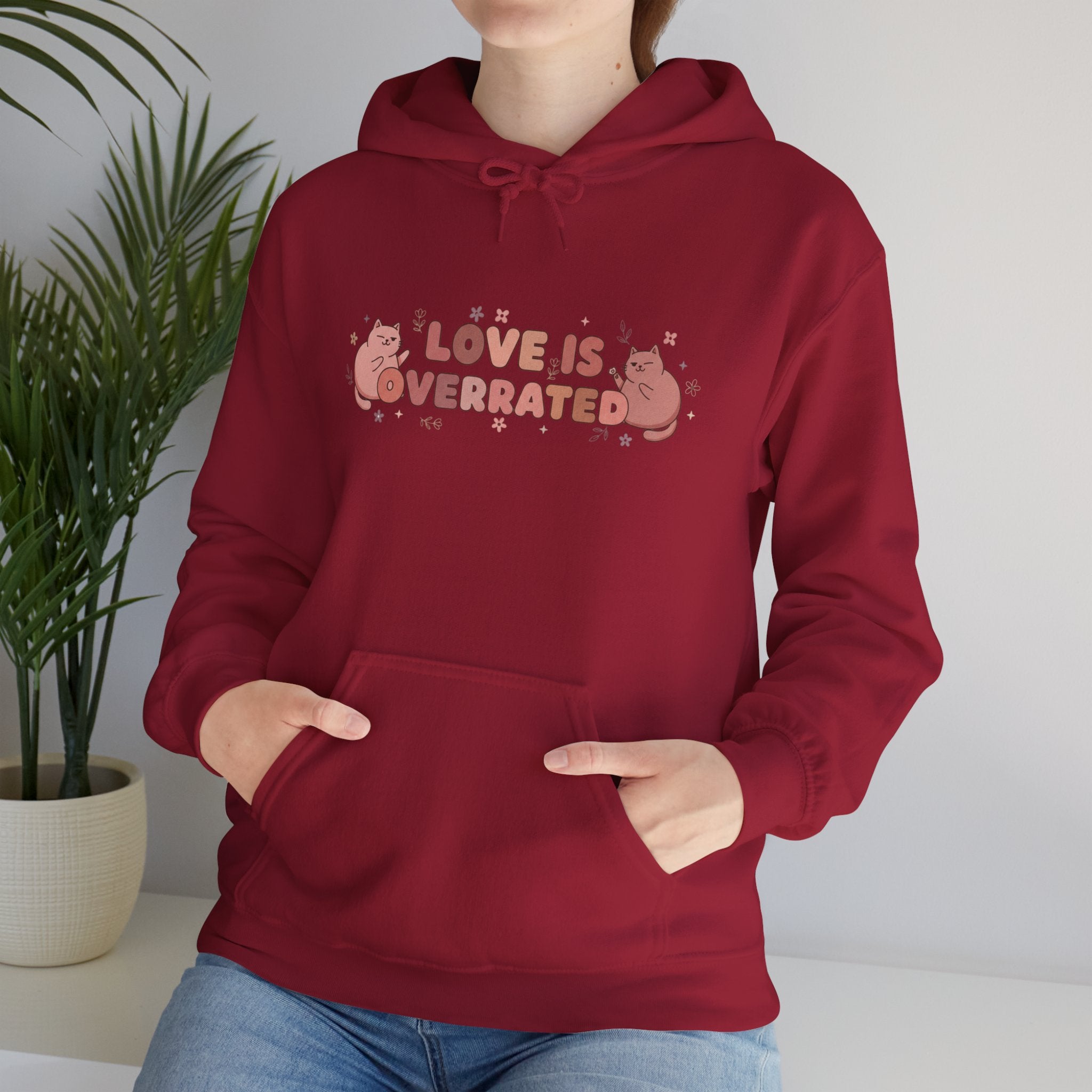 'Love Is Overrated' Cute Grumpy Cat Graphic Hoodie