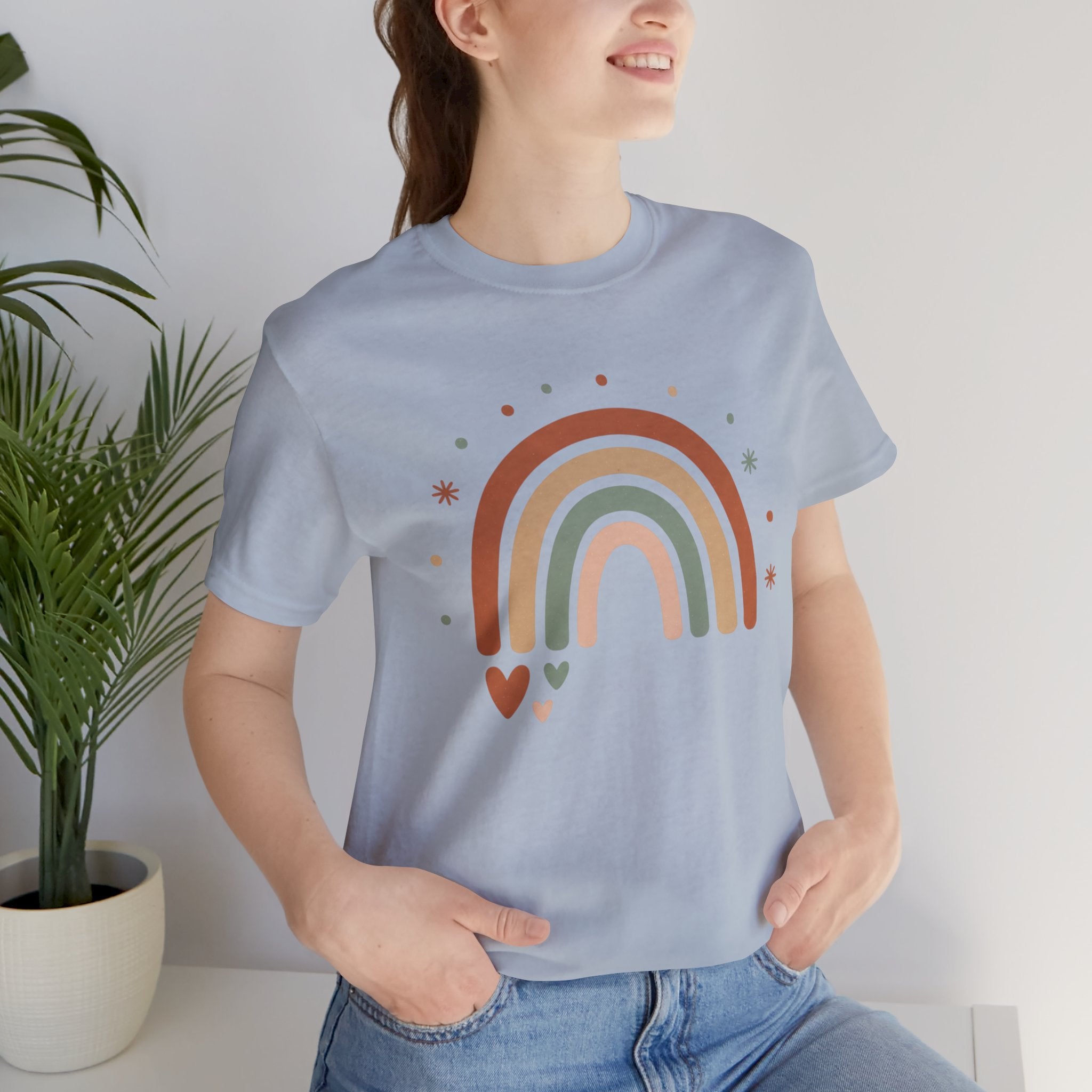 Retro Earth Tone Rainbow Tee — Cute Heart & Stars Graphic T-Shirt