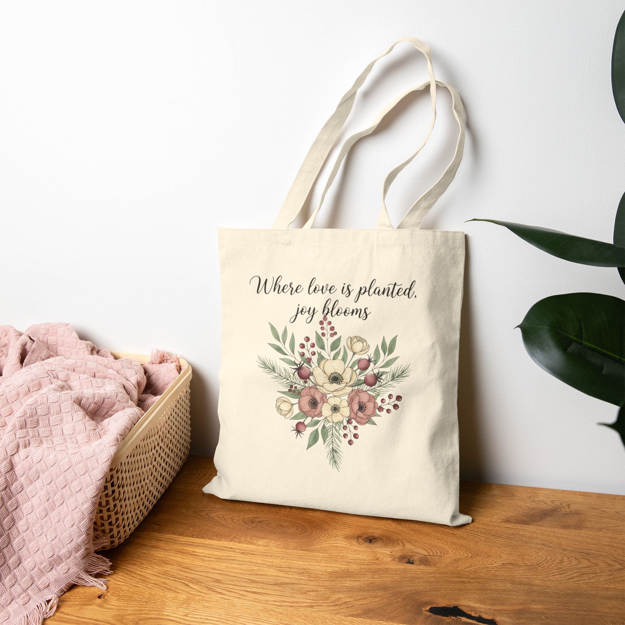 Winter Floral Bouquet Cotton Canvas Tote, Cottagecore Rustic Holiday Market Bag