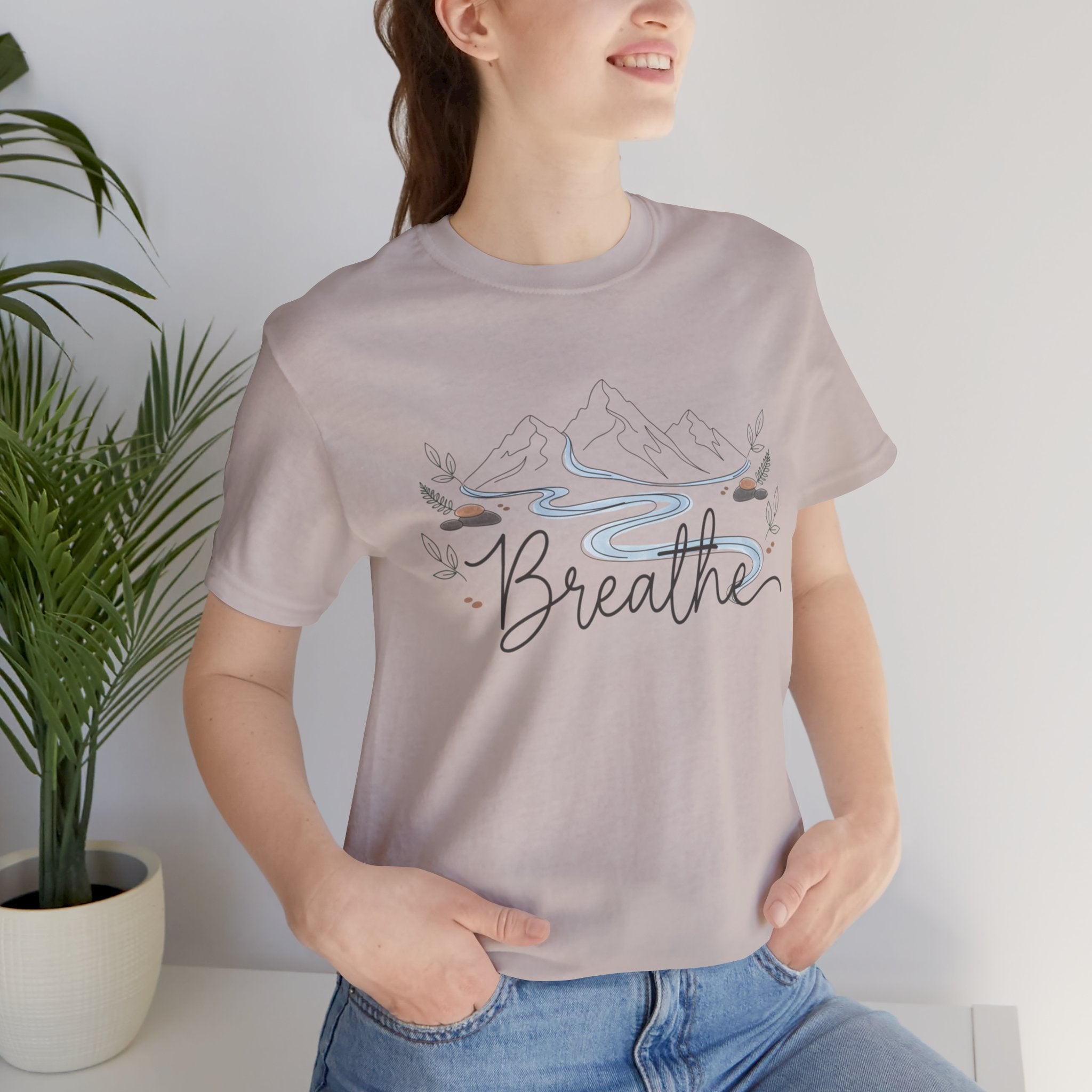 Breathe script tee | Minimal forest motif, moon phase nature vibes