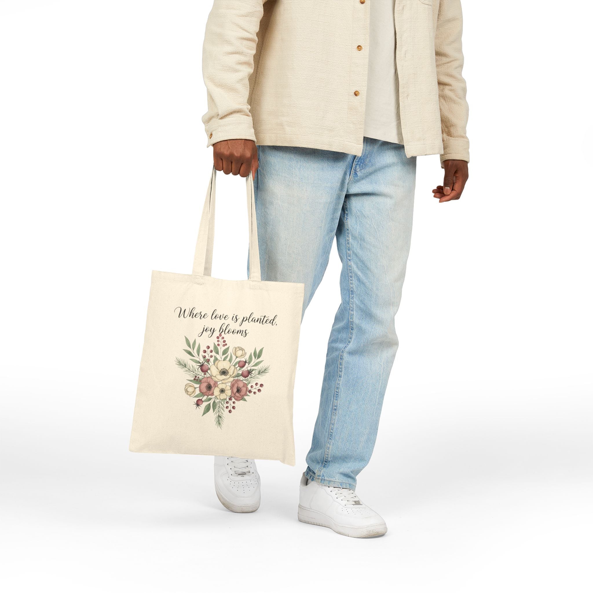Winter Floral Bouquet Cotton Canvas Tote, Cottagecore Rustic Holiday Market Bag