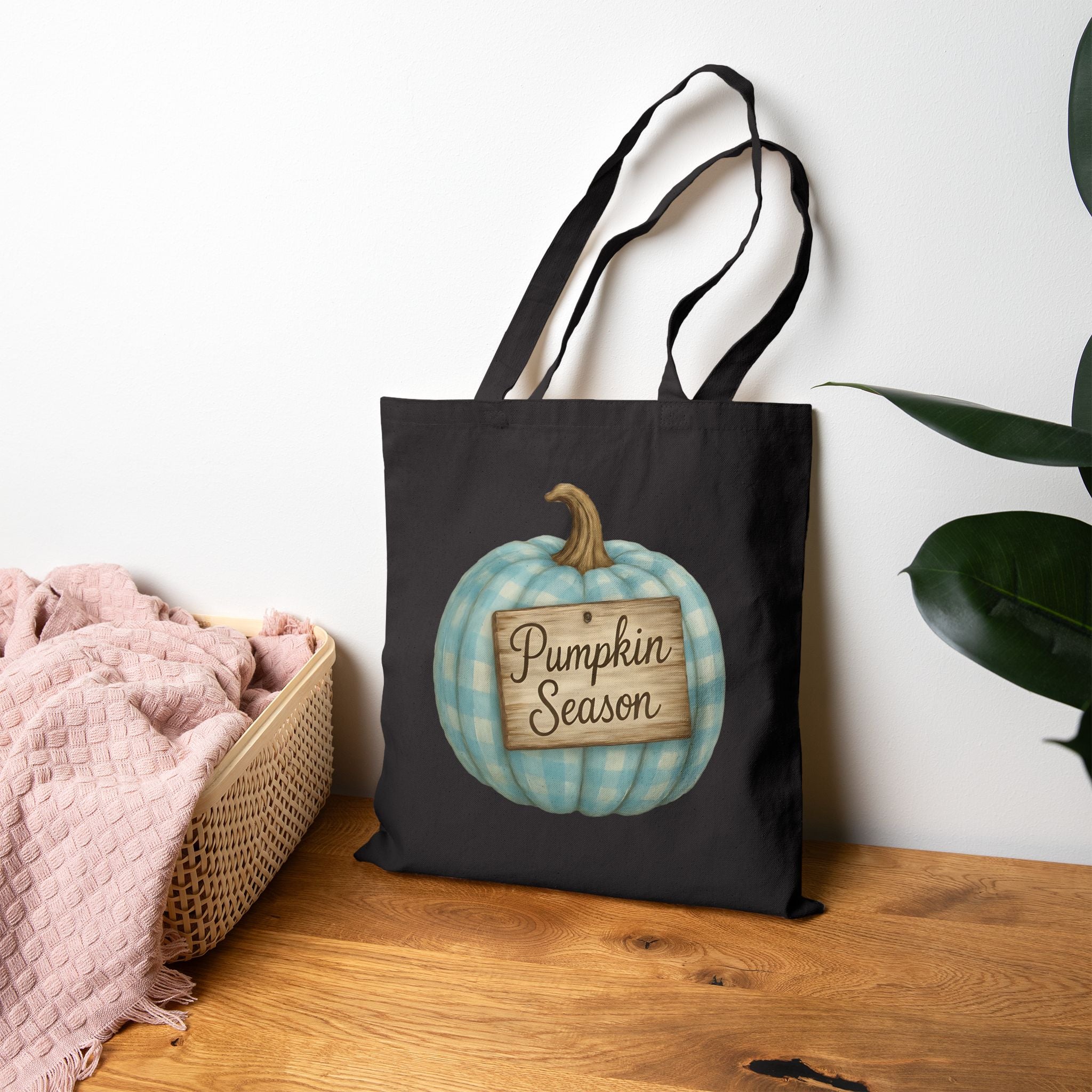 Pumpkin Season Blue Plaid Pumpkin Canvas Tote