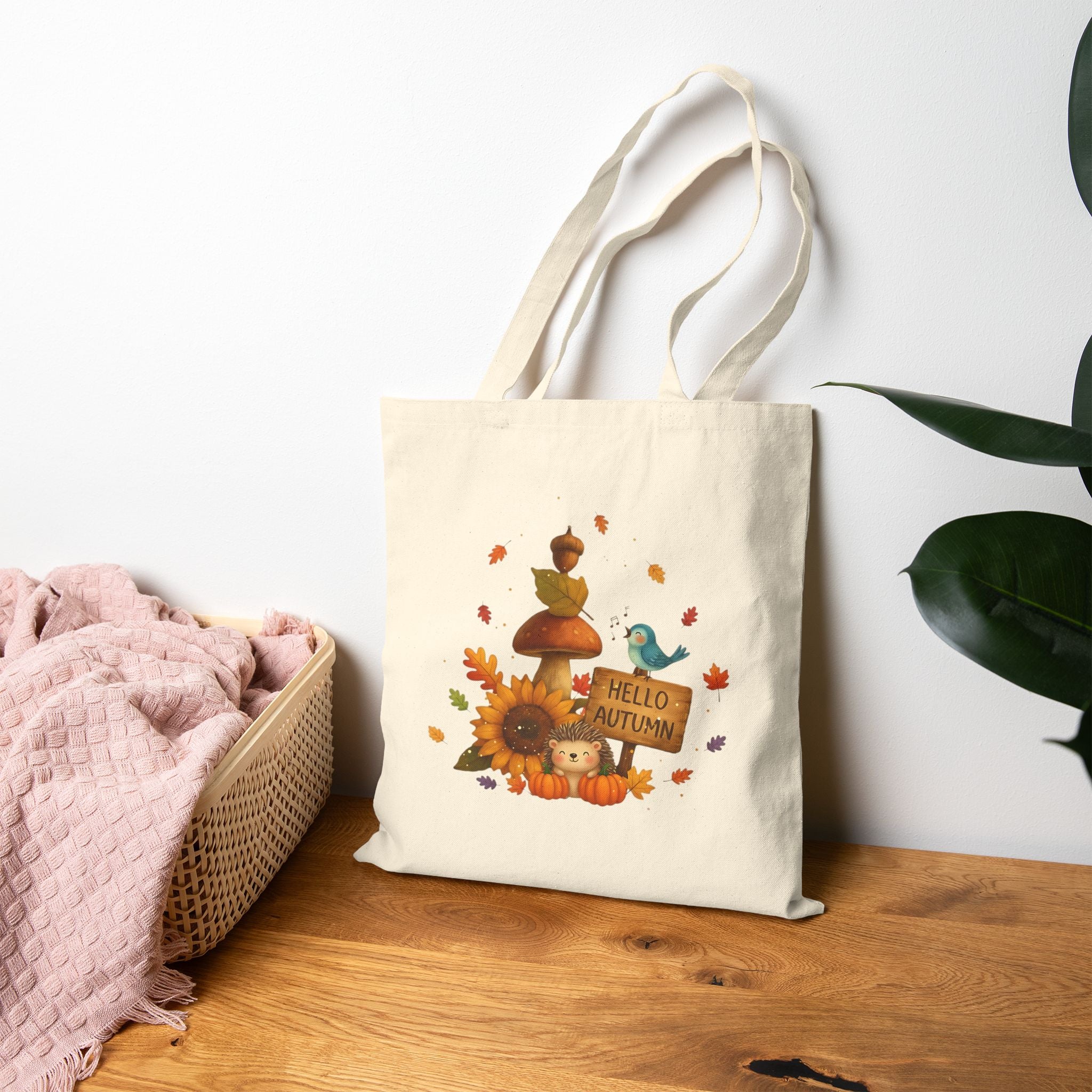 "Hello Autumn" Pumpkin & Sunflower Canvas Tote