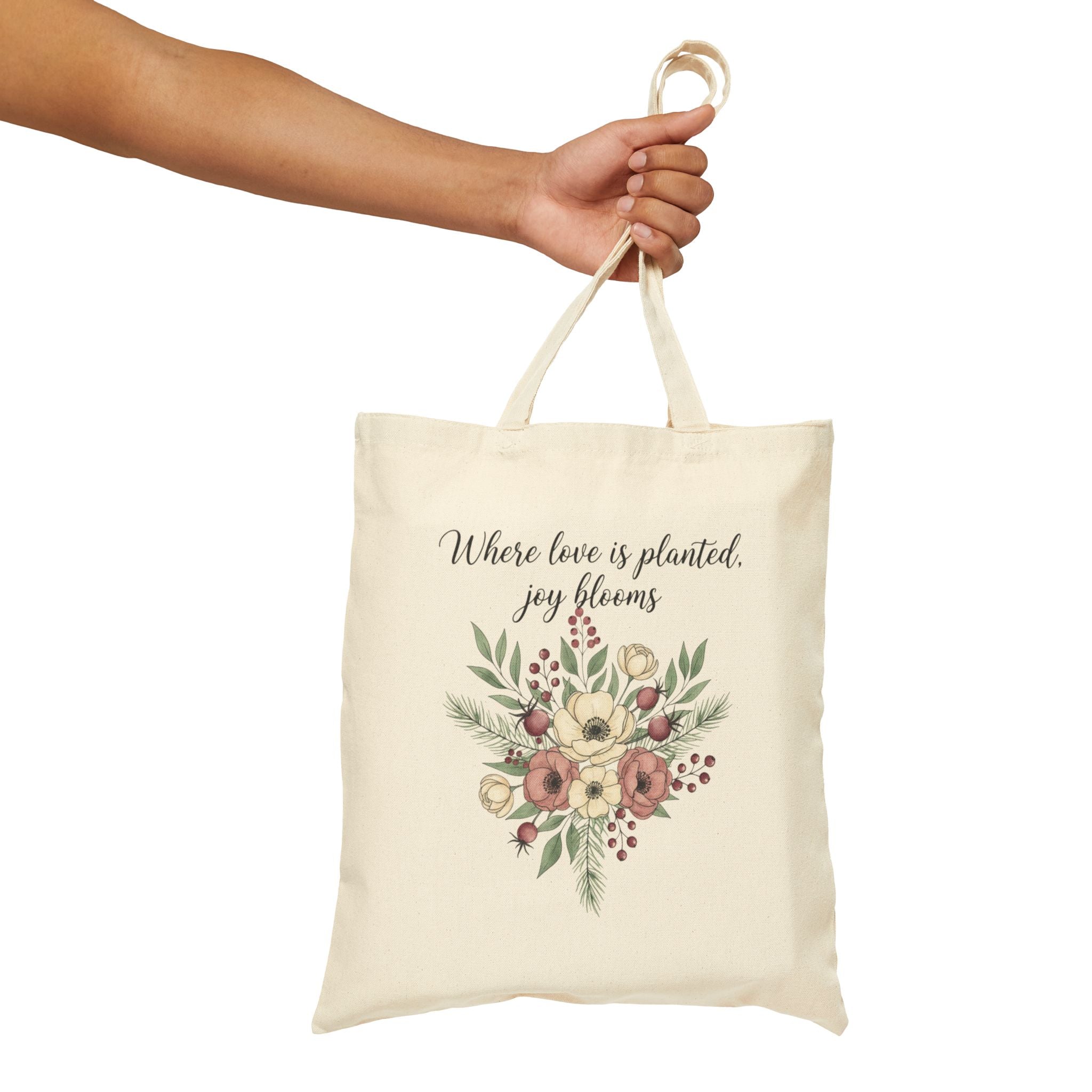 Winter Floral Bouquet Cotton Canvas Tote, Cottagecore Rustic Holiday Market Bag