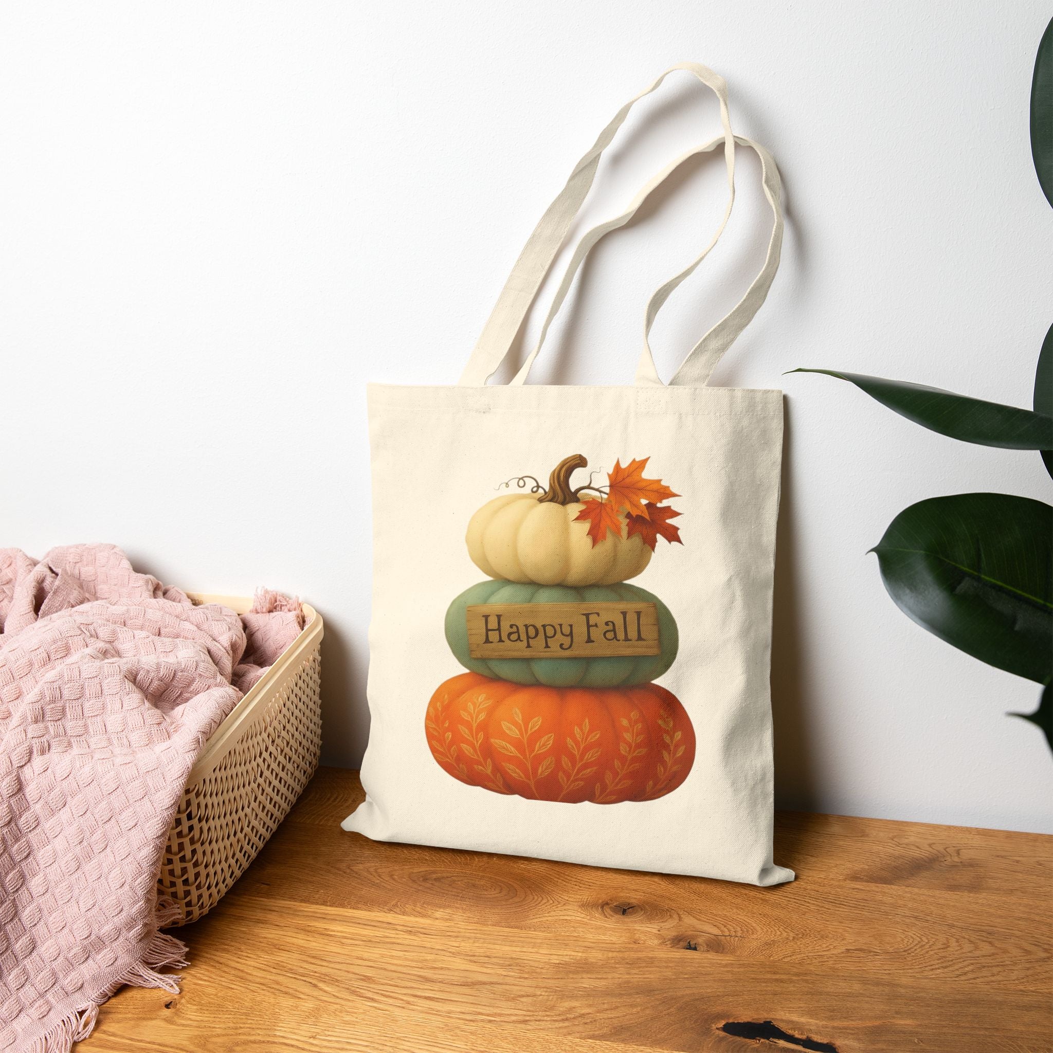 Stacked Pumpkins 'Happy Fall' Autumn Canvas Tote