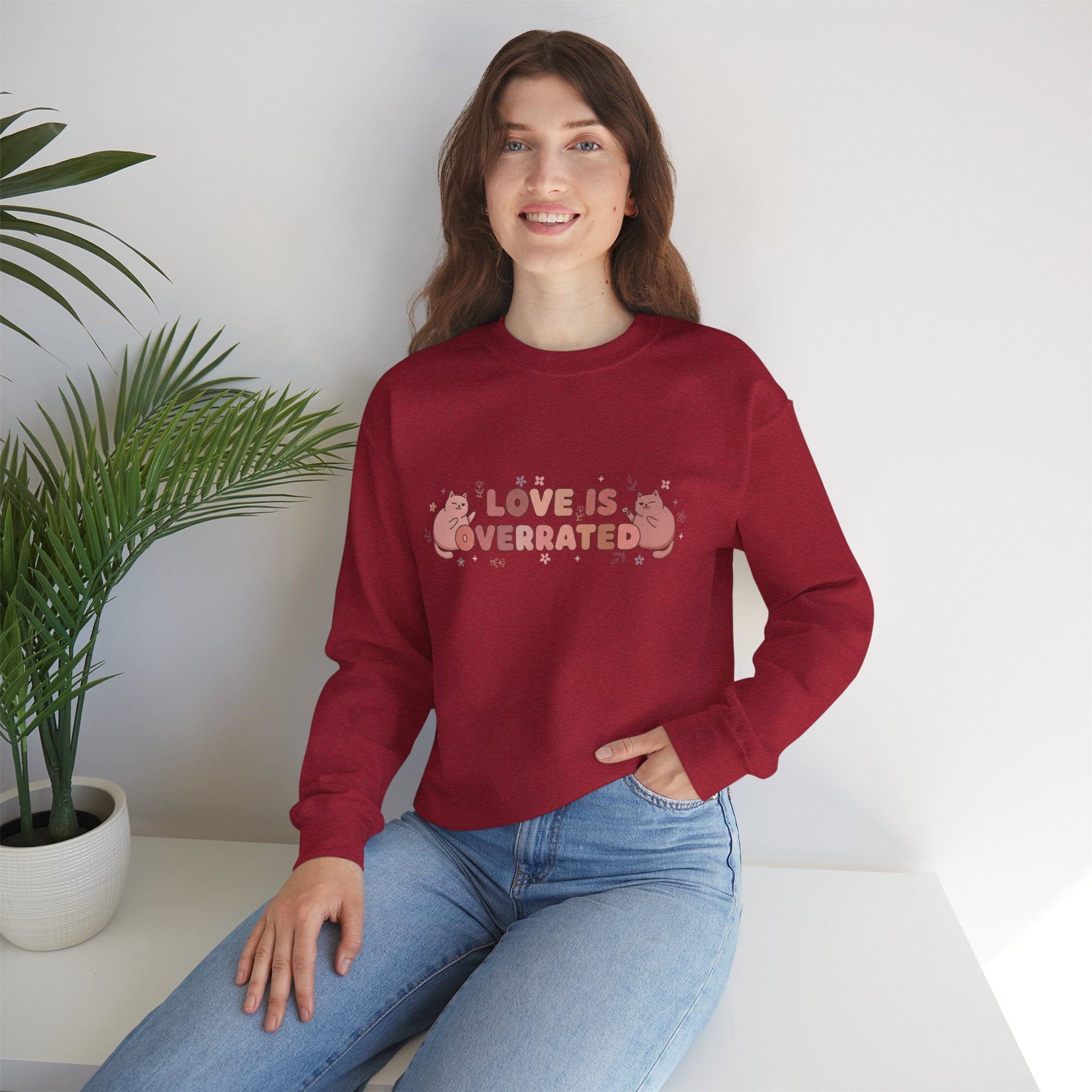 Sweatshirt — "Love Is Overrated" Cute Cat Graphic Crewneck
