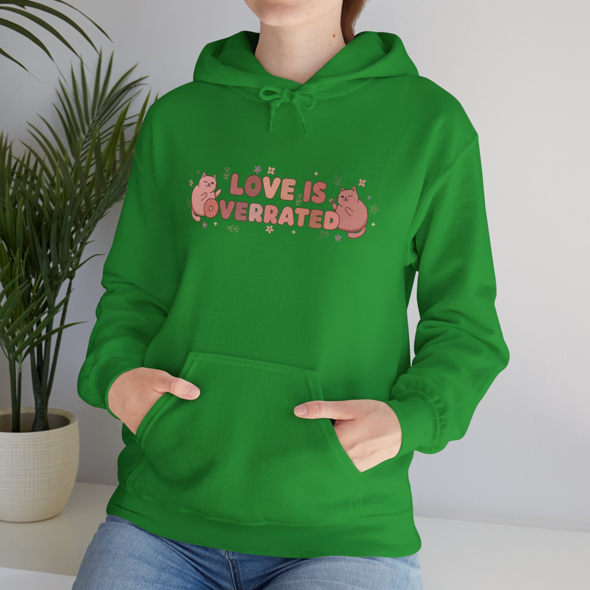 'Love Is Overrated' Cute Grumpy Cat Graphic Hoodie