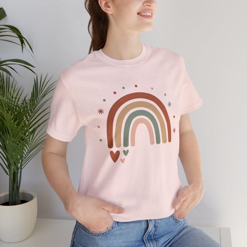 Retro Earth Tone Rainbow Tee — Cute Heart & Stars Graphic T-Shirt